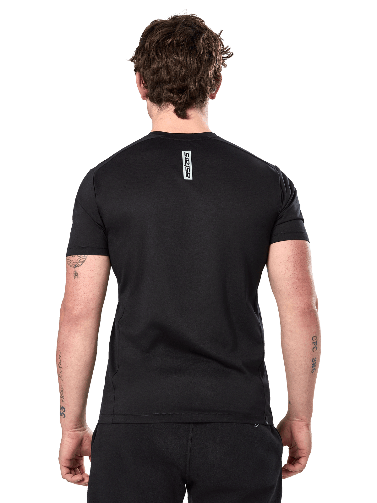 Alpinestars Point Performance Tee, Short Sleeve T-Shirt, Black, rear view on a man featuring a vertical astars word print on the upper back, casual performance sportswear