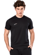Alpinestars Point Performance Tee, Short Sleeve T-Shirt, Black, Small White Alpinestars Logo on Chest, worn by a male model, sustainable performance sportswear