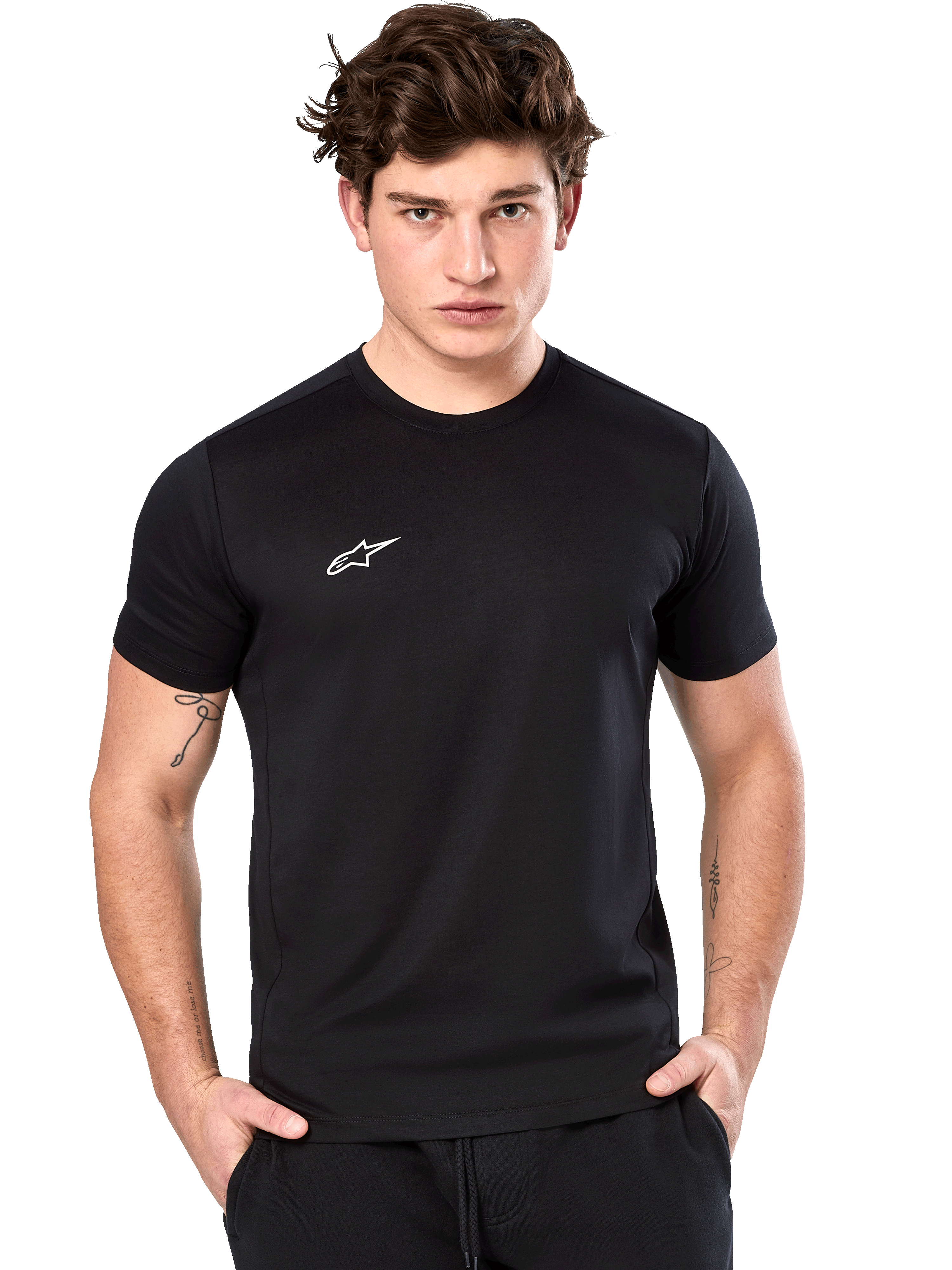 Alpinestars Point Performance Tee, Short Sleeve T-Shirt, Black, Small White Alpinestars Logo on Chest, worn by a male model, sustainable performance sportswear