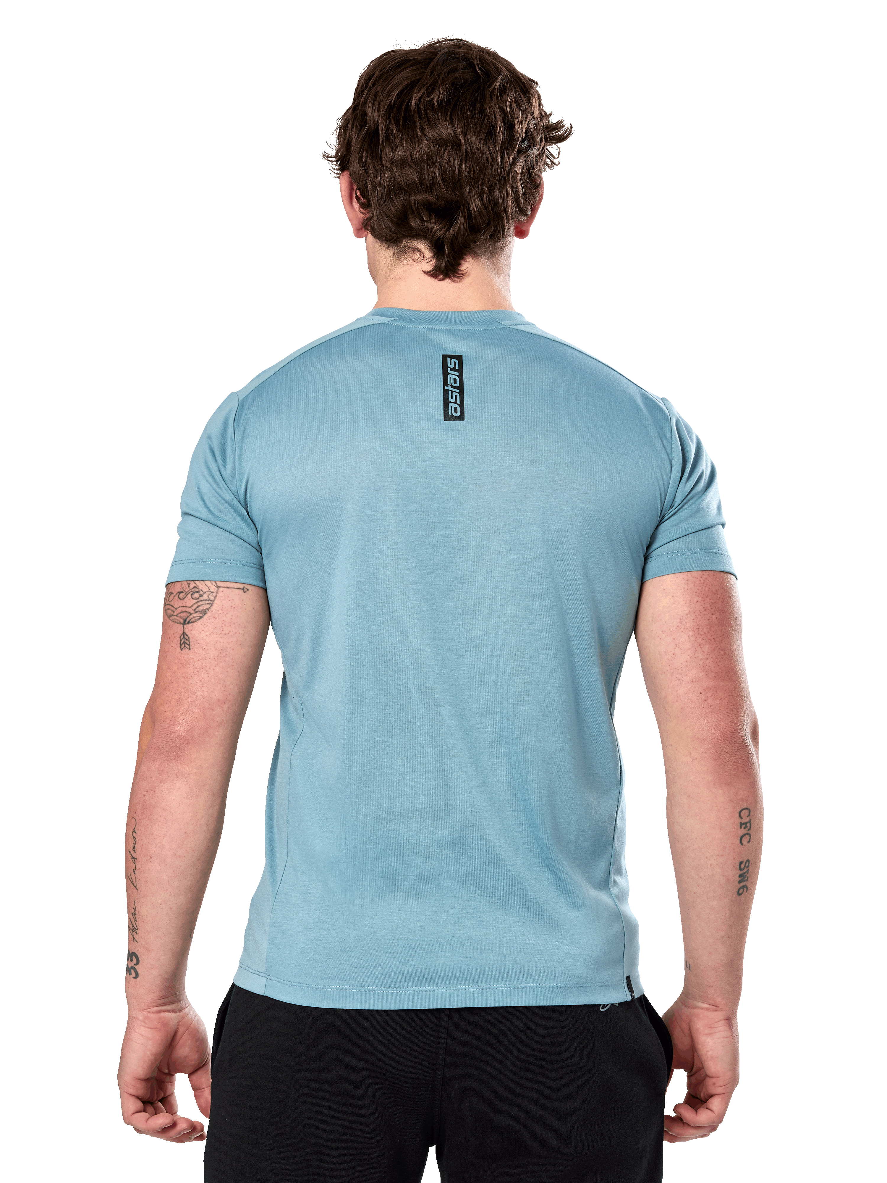 Alpinestars Point Performance Tee – Kurzarm, Eisblau, Rückansicht mit kleinem vertikalem schwarzem „astars“-Schriftzug am oberen Rücken, feuchtigkeitsableitendes Performance-Material, lässige Sportbekleidung