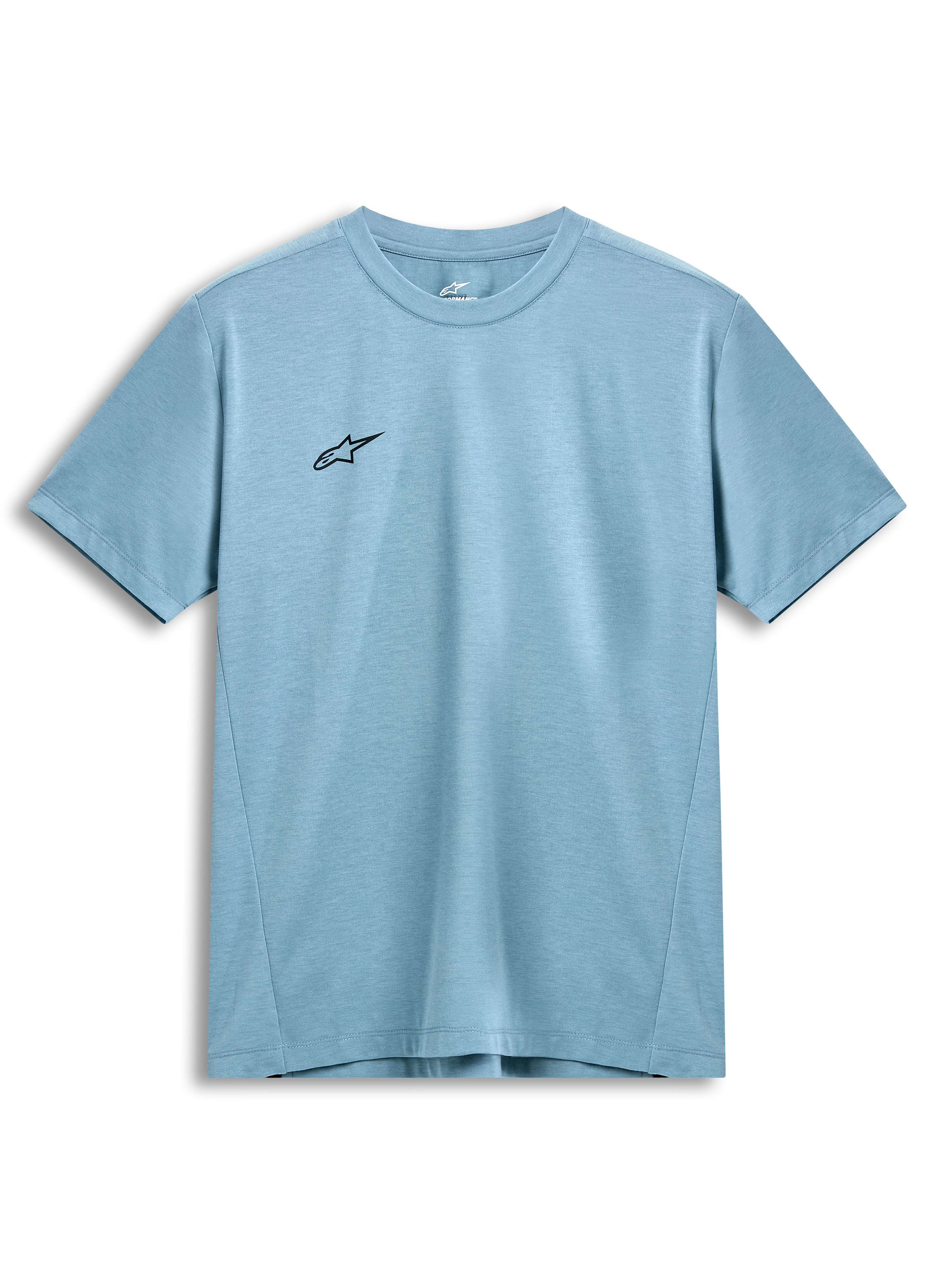 Alpinestars Point Performance T-Shirt, Kurzarm, Ice Blue, kleines schwarzes Stern-Logo auf der Brust, Rundhalsausschnitt, nachhaltiges feuchtigkeitsableitendes Funktionsmaterial, lässige Motorsport-Streetwear