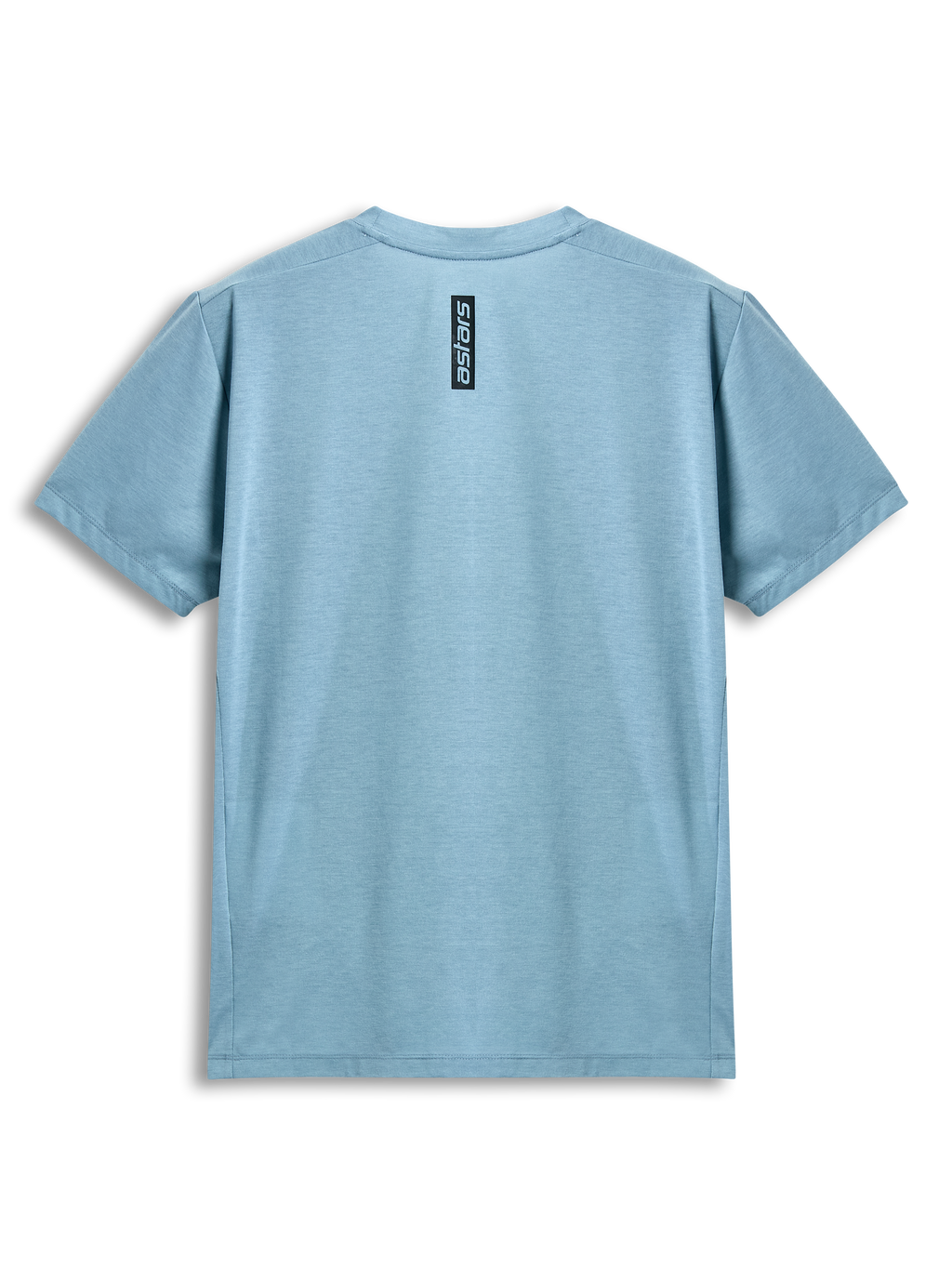 Alpinestars Point Performance Tee, kurzärmeliges T-Shirt, Ice Blue, Rückansicht mit vertikalem schwarzem Astars-Schriftzug, lässige Performance-Sportbekleidung