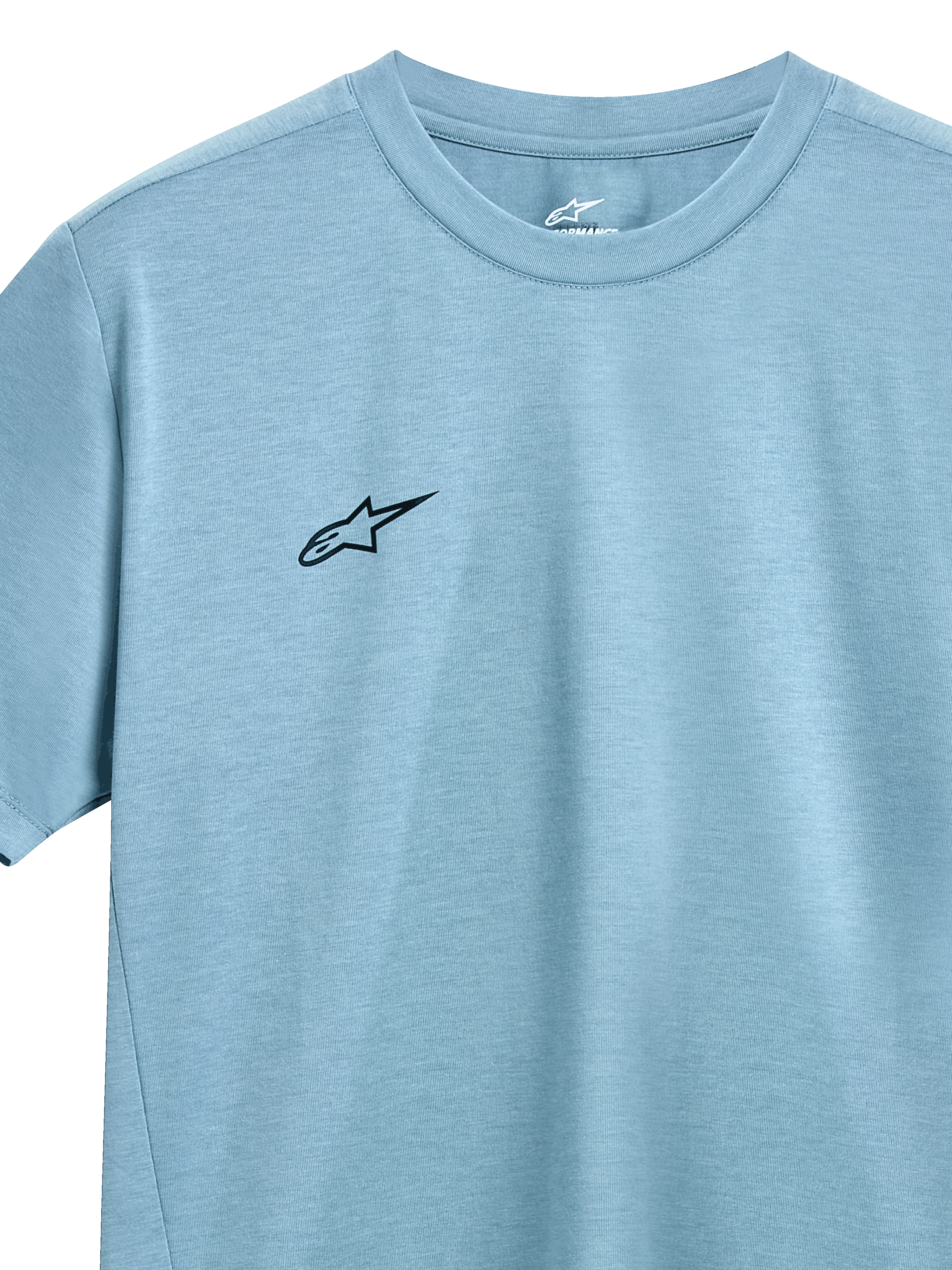 Alpinestars Point Performance Tee, Kurzarm-T-Shirt, Ice Blue, kleines schwarzes Alpinestars-Logo auf der Brust, Rundhalsausschnitt, feuchtigkeitsableitendes Performance-Gewebe