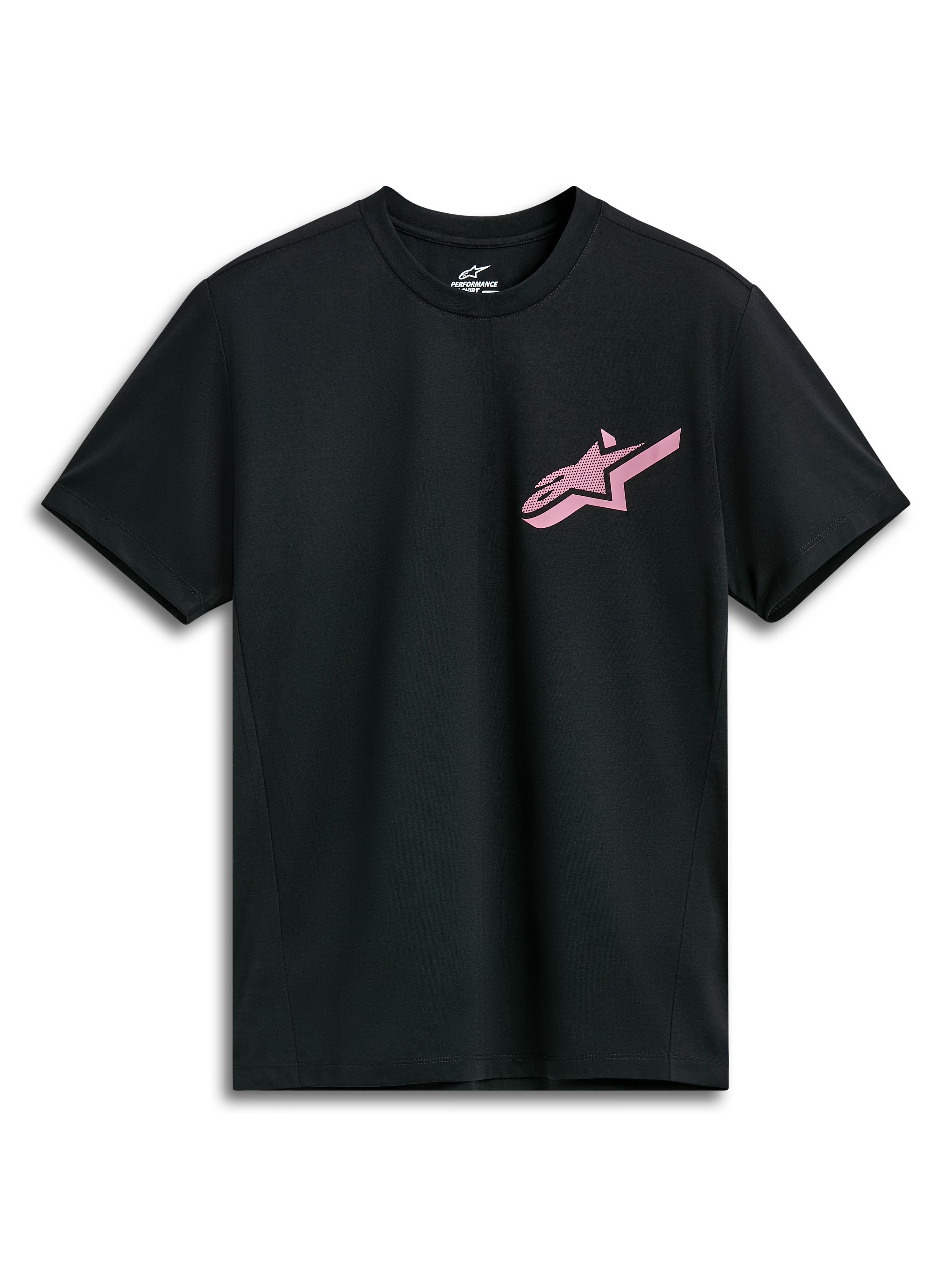 Alpinestars Attrition Performance Tee, Short Sleeve Performance T-Shirt, Black with Pink Alpinestars Logo, Crew Neck, Performance Sportswear