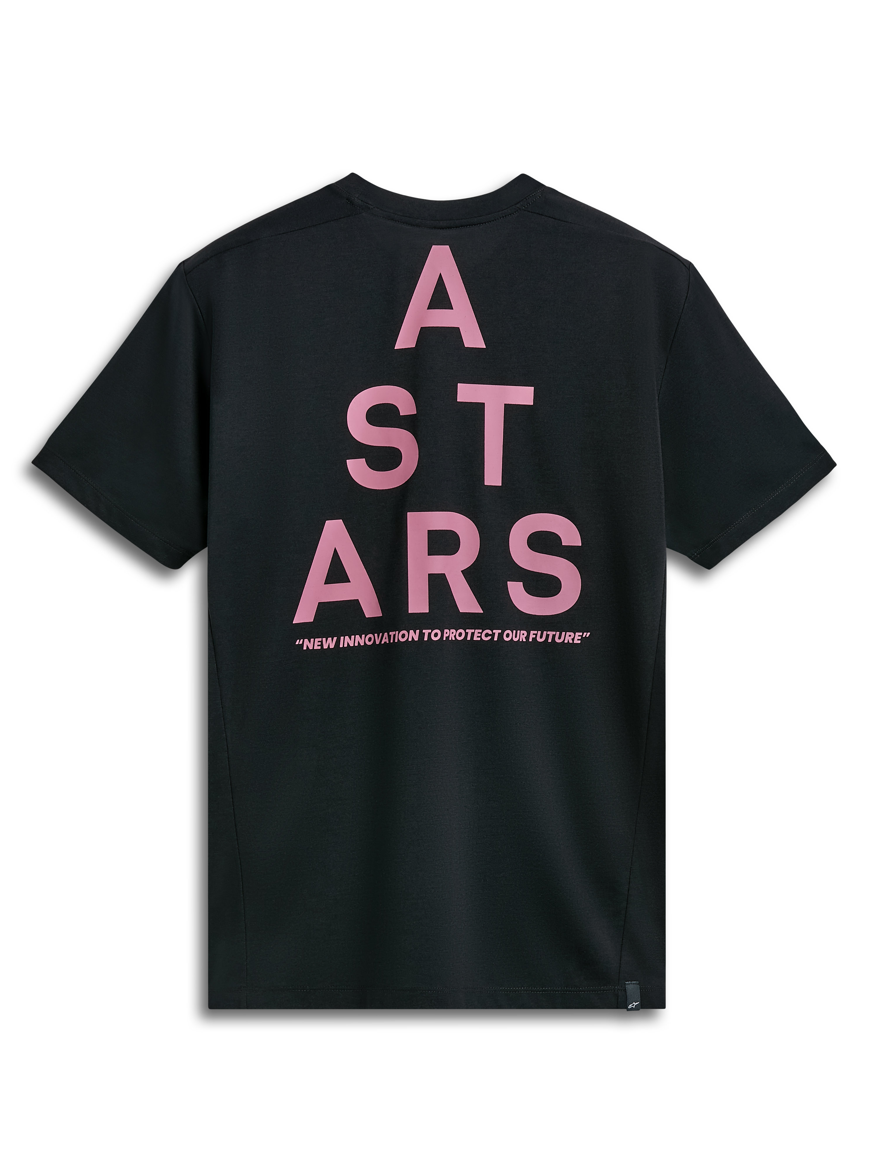 Alpinestars Attrition Performance Tee, Short Sleeve T-Shirt, Black, back view featuring a large pink ASTARS block graphic and 'NEW INNOVATION TO PROTECT OUR FUTURE' text, sustainable performance sportswear