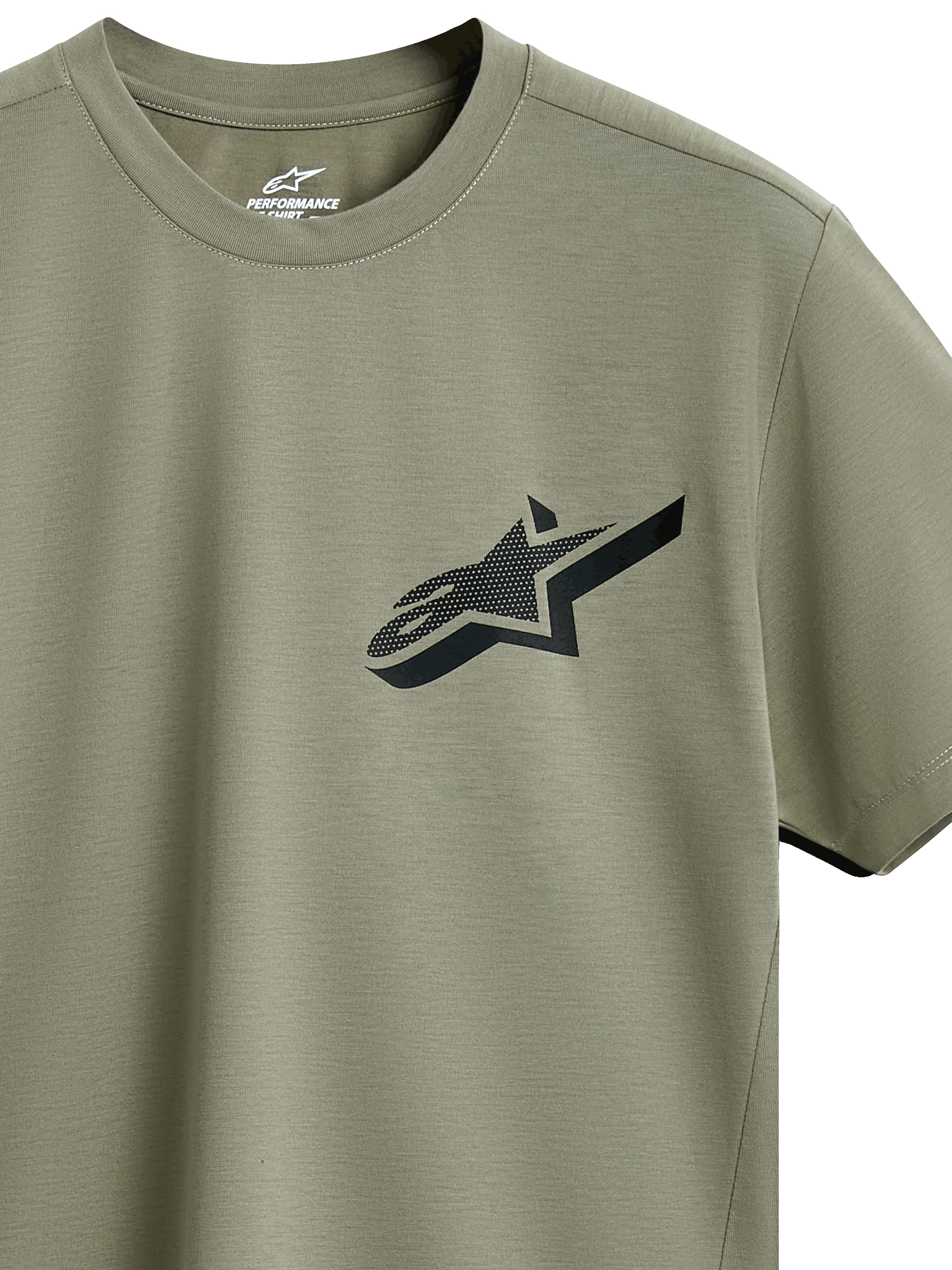 Alpinestars Attrition Performance Tee, Short Sleeve T-Shirt, Light Green, Black Astars Logo with textured pattern on chest, sustainable moisture-wicking performance fabric