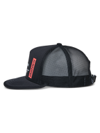 Alpinestars Alter Trucker Hat, side view, Black, flat bill with binding edge, structured crown with mesh back, red vertical astars logo print, adjustable buckle closure, casual sportswear hat