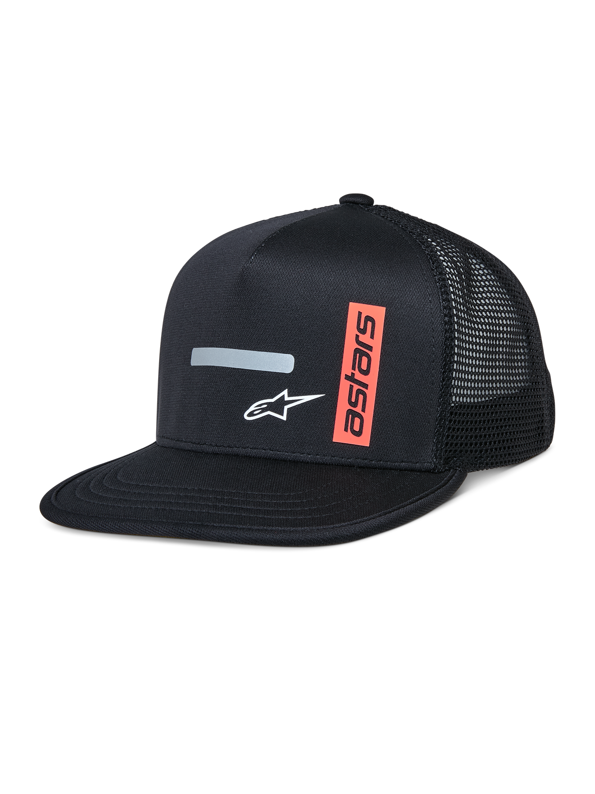 Alpinestars Alter Trucker Hat, Schwarze Trucker-Kappe mit strukturierter Krone und flachem Schirm, atmungsaktives Mesh-Rückenteil, horizontaler grauer Reflexstreifen, weißes A-Star-Logo und vertikale orange Astars-Grafik, lässige Motorsport-Streetwear