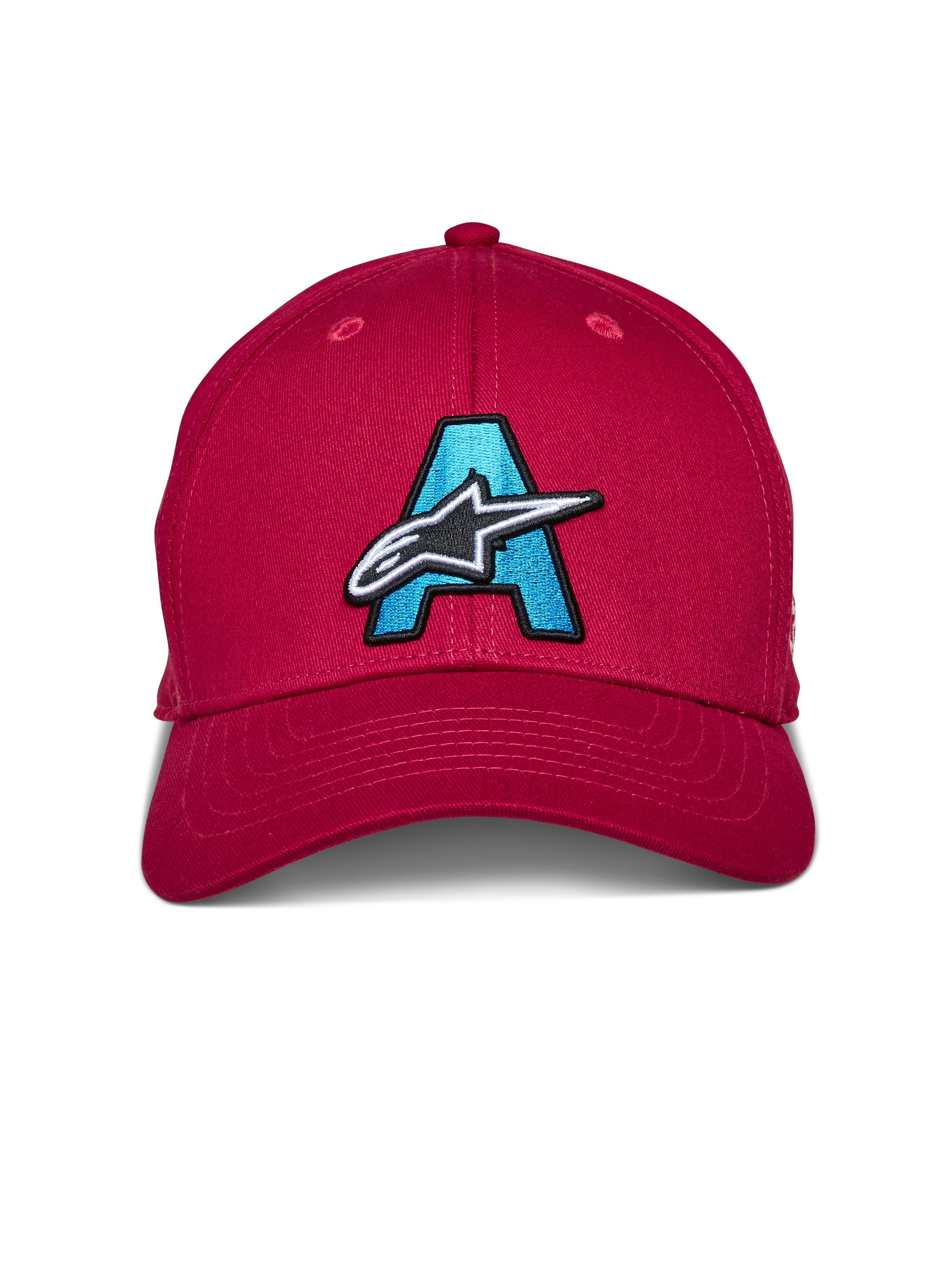 Alpinestars Elemental Cap, Rot, Cap mit strukturiertem gebogenem Schirm, großes hellblau besticktes 'A' mit weiß-schwarzem Alpinestars-Sternlogo auf der Vorderseite, lässige Motorsport-Kopfbedeckung