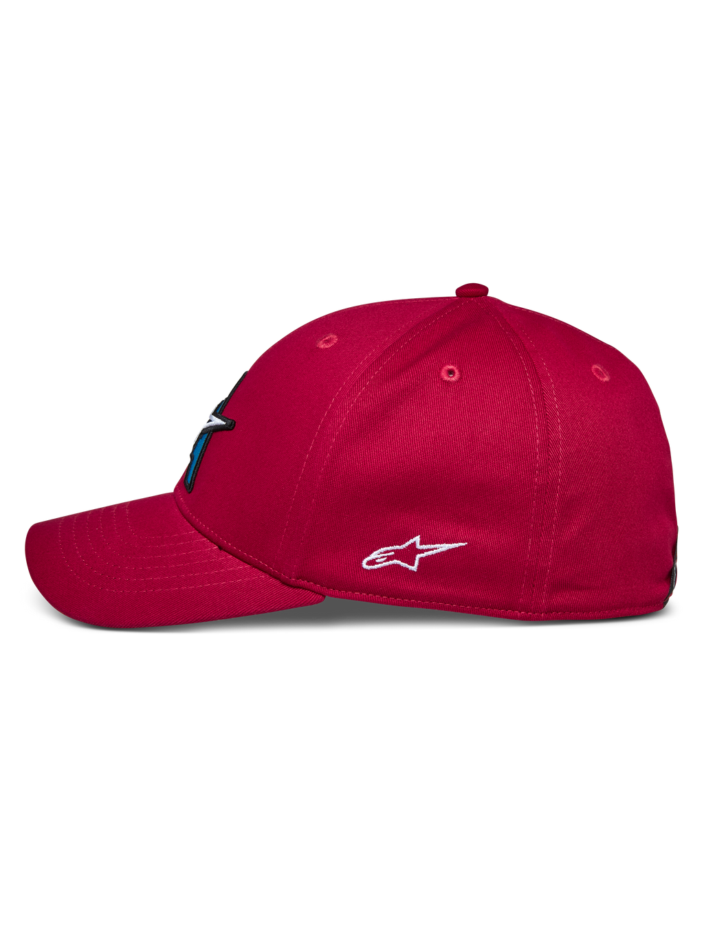 Alpinestars Elemental Cap, Rot, Seitenansicht, gebogener Schirm und strukturierte Krone, weißes gesticktes Alpinestars-Logo an der Seite, lässige, vom Motorsport inspirierte Kopfbedeckung