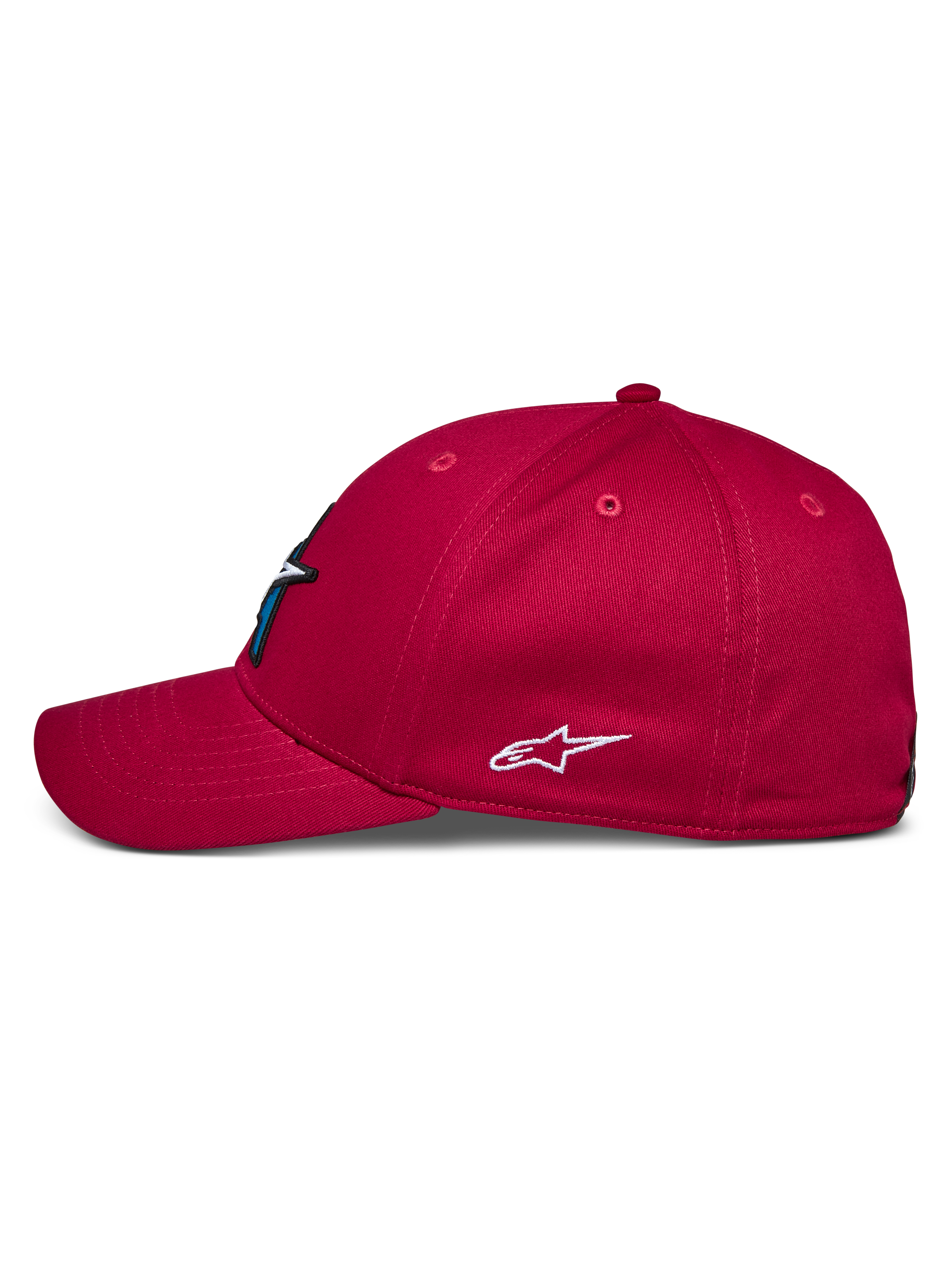 Alpinestars Elemental Cap, Rot, Seitenansicht, gebogener Schirm und strukturierte Krone, weißes gesticktes Alpinestars-Logo an der Seite, lässige, vom Motorsport inspirierte Kopfbedeckung