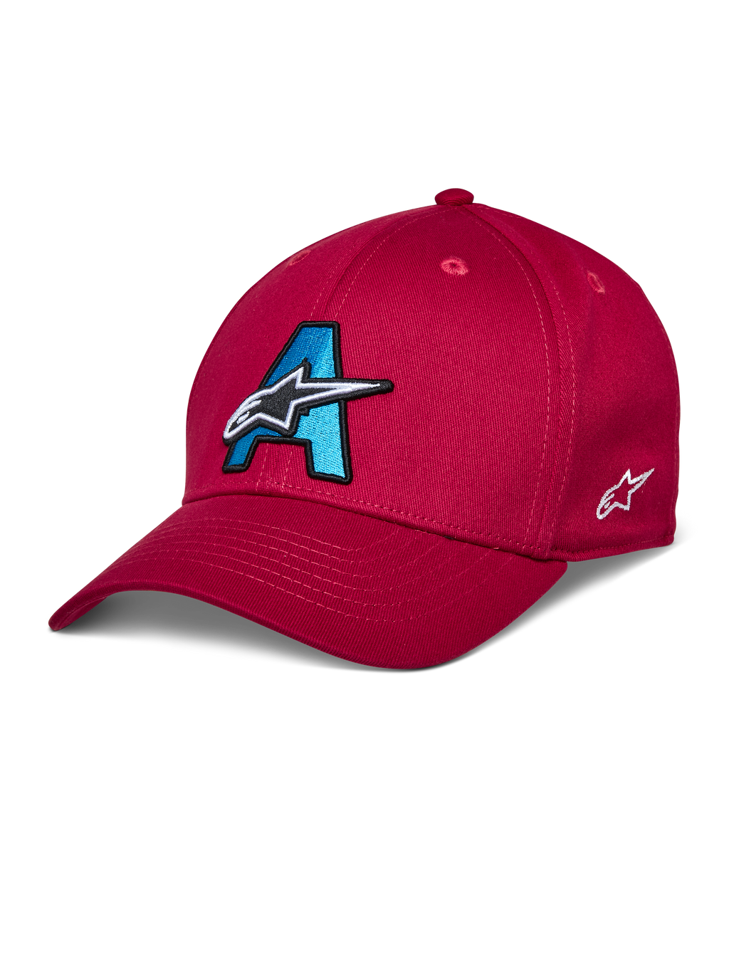 Alpinestars Elemental Kappe, rote Baseball-Kappe, cyanblaues und schwarzes 3D-gesticktes A-Logo, weißes Stern-Design, gebogener Schirm, strukturierte Krone, lässige Motorsport-Kopfbedeckung