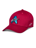 Alpinestars Elemental Kappe, rote Baseball-Kappe, cyanblaues und schwarzes 3D-gesticktes A-Logo, weißes Stern-Design, gebogener Schirm, strukturierte Krone, lässige Motorsport-Kopfbedeckung