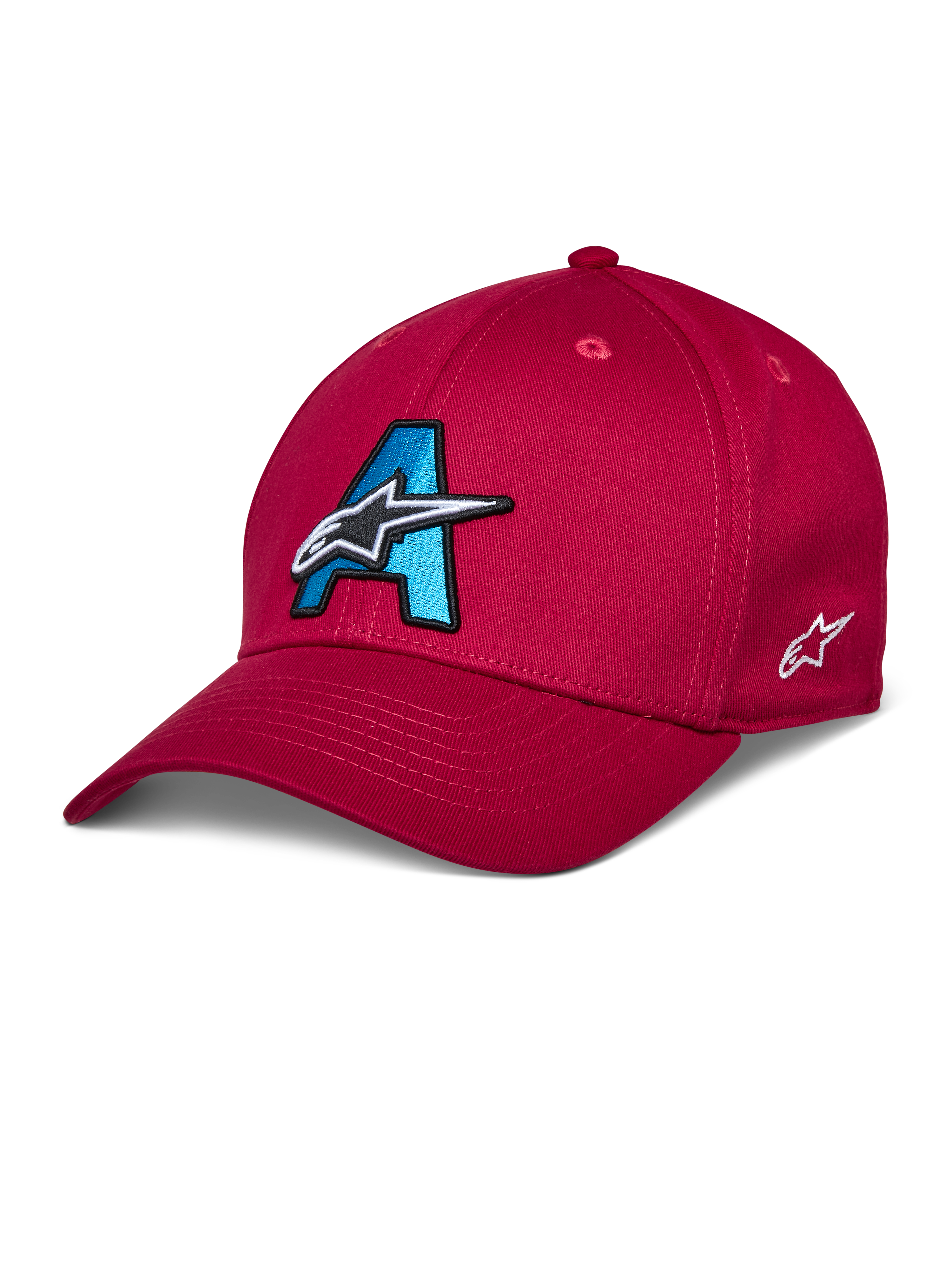 Alpinestars Elemental Kappe, rote Baseball-Kappe, cyanblaues und schwarzes 3D-gesticktes A-Logo, weißes Stern-Design, gebogener Schirm, strukturierte Krone, lässige Motorsport-Kopfbedeckung