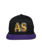 Alpinestars Franchise Hat, black and purple flat bill cap, structured crown with purple bill and top button, featuring a gold 3D embroidered "AS" logo on the front, casual motorsport-inspired streetwear