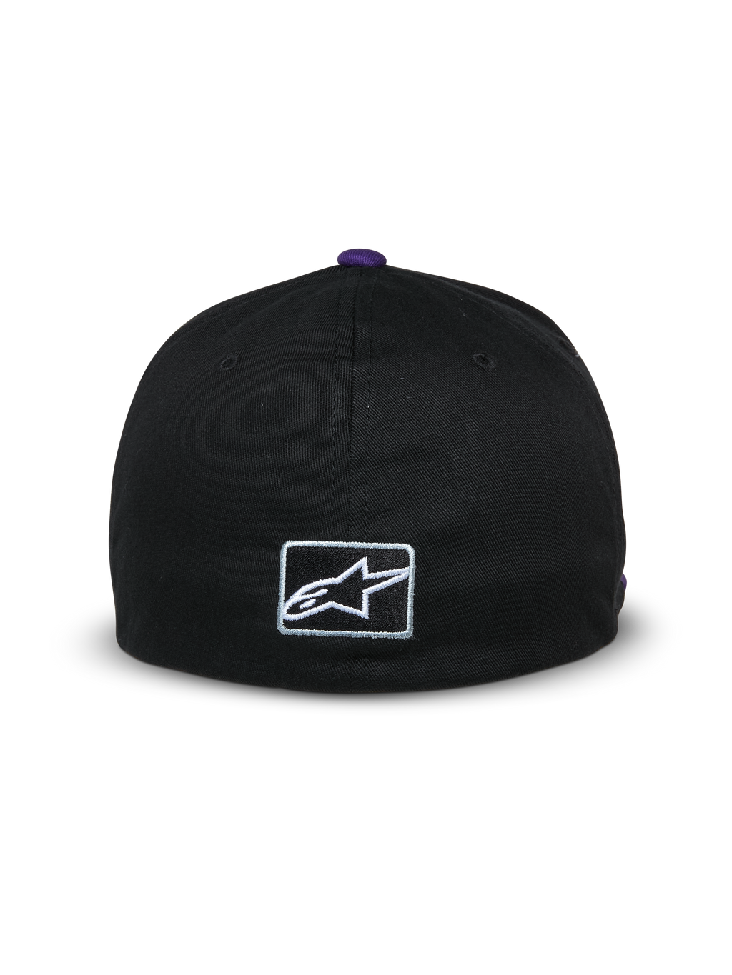 Alpinestars Franchise Hat, back view of a black baseball cap, purple button on top, small white embroidered Astars logo on the back, flex-back design, casual motorsport-inspired streetwear