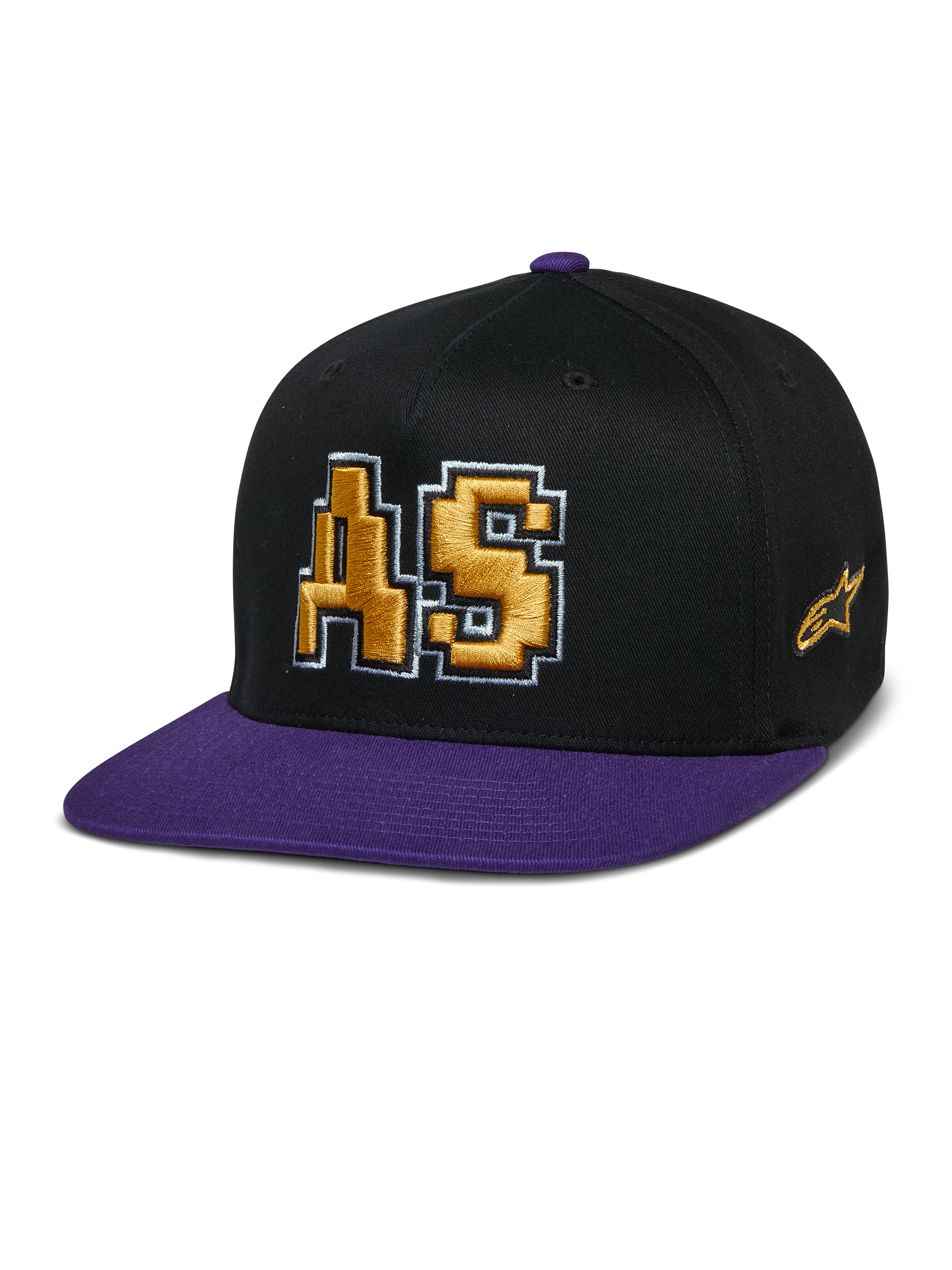 Alpinestars Franchise Hat, Cap mit flachem Schirm, Schwarz und Lila, goldenes 3D-gesticktes AS-Logo mit weißer Umrandung, lila Schirm und oberer Knopf, strukturiertes Flex-Fit-Design