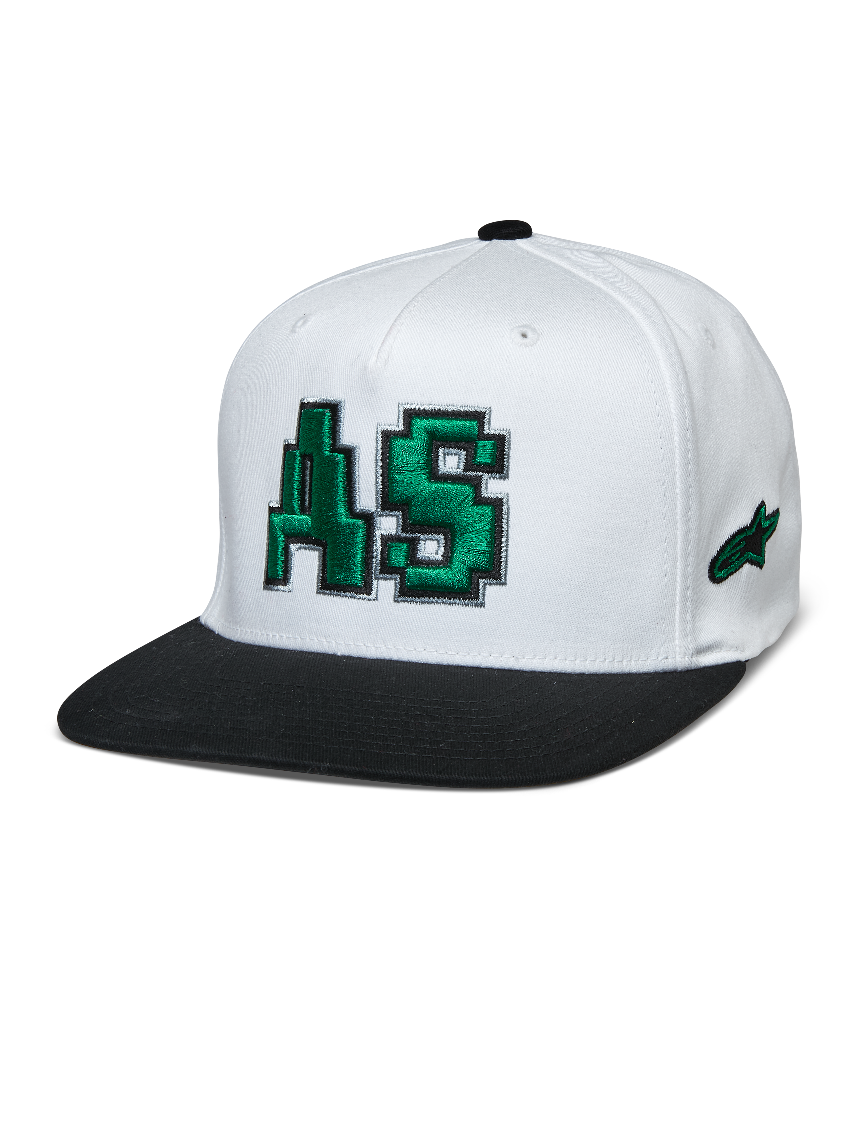 Alpinestars Franchise Kappe, weiße Krone mit schwarzem flachem Schirm, grünes 3D-besticktes AS-Logo, Baseball-Cap mit Flex-Rückseite, Motorsport-Lifestyle-Kopfbedeckung
