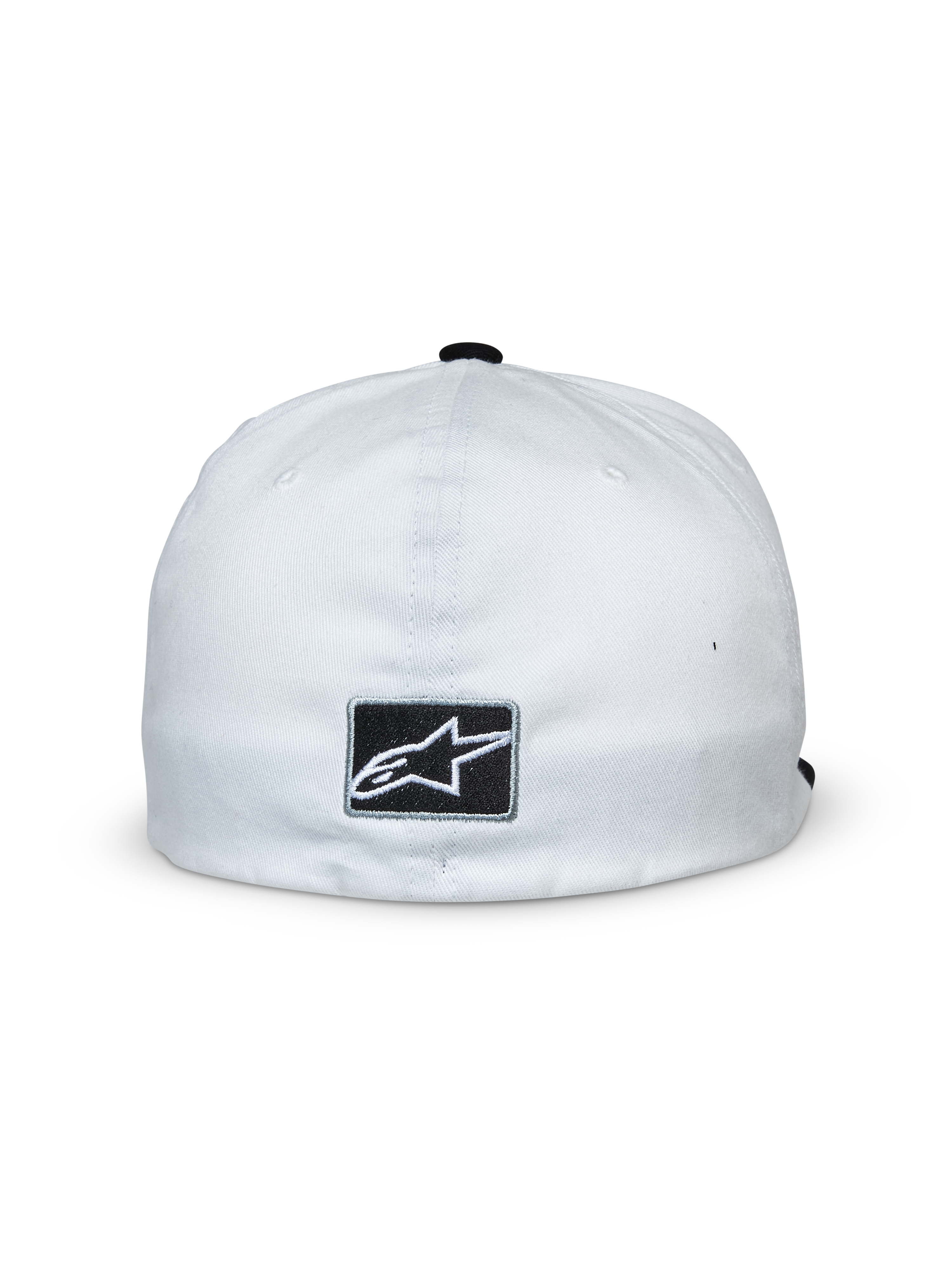 Alpinestars Franchise Hat, White and Black, back view featuring a black rectangular patch with white Alpinestars star logo, flex-back design, casual motorsport-inspired headwear