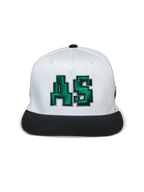 Alpinestars Franchise Hat, Flat Bill Cap, White and Black, Green 3D embroidered AS logo on front, structured crown with black flat bill, casual motorsport-inspired headwear