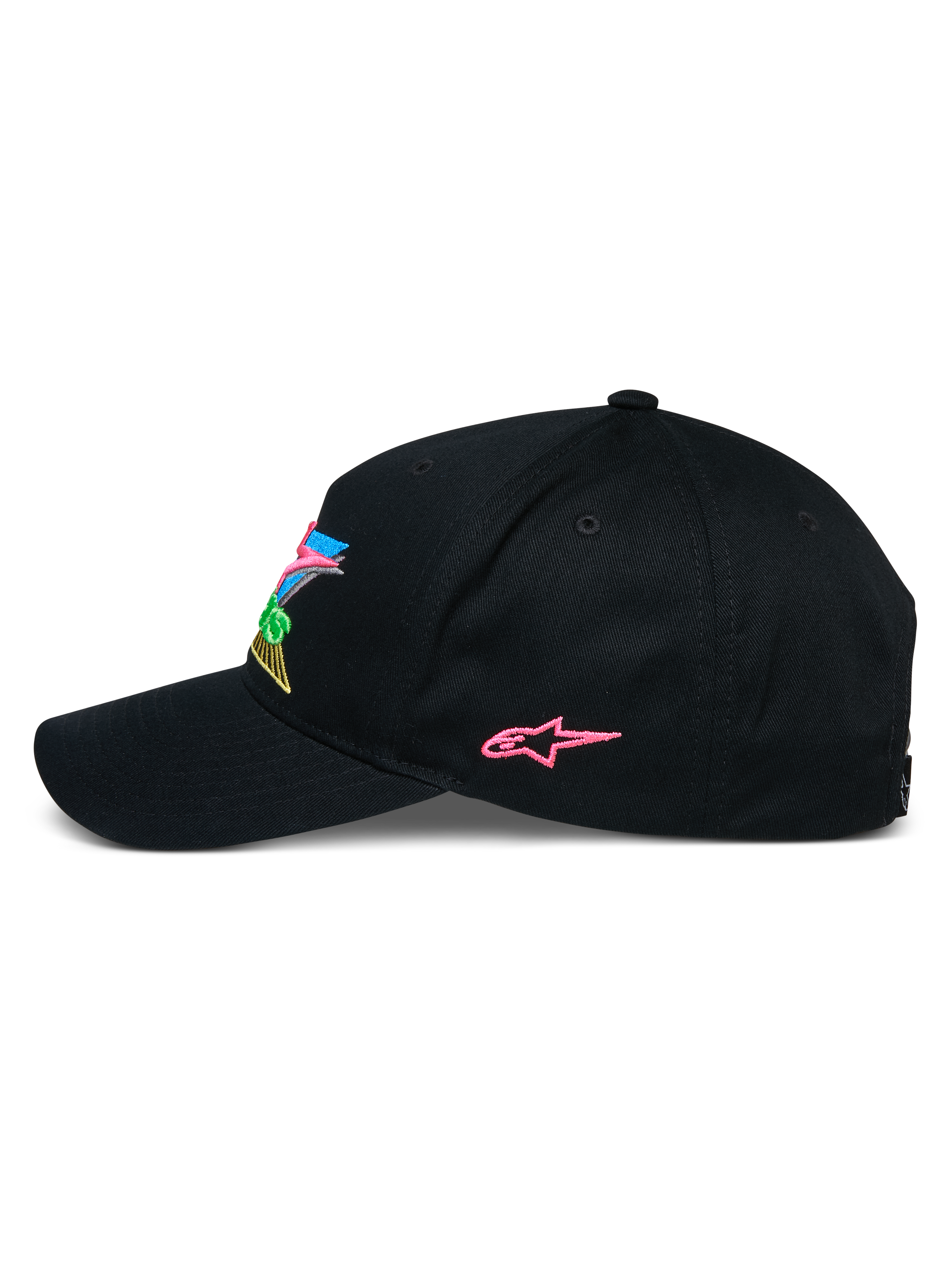 Alpinestars Vivid Hat, Black Snapback Baseball Cap, side profile featuring a pink embroidered star logo and colorful 3D front branding, curved bill, casual motorsport-inspired streetwear
