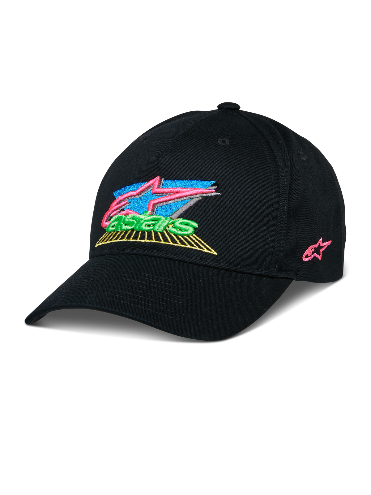 Alpinestars Vivid Hat, schwarze Baseball-Kappe mit bunter 3D-Stickerei, leuchtende pinke, blaue, grüne und gelbe Akzente, strukturierter gebogener Schirm, lässige vom Motorsport inspirierte Streetwear