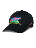 Alpinestars Vivid Hat, Black Baseball Cap with colorful 3D embroidered logo, featuring vibrant pink, blue, green, and yellow accents, structured curved brim, casual motorsport-inspired streetwear