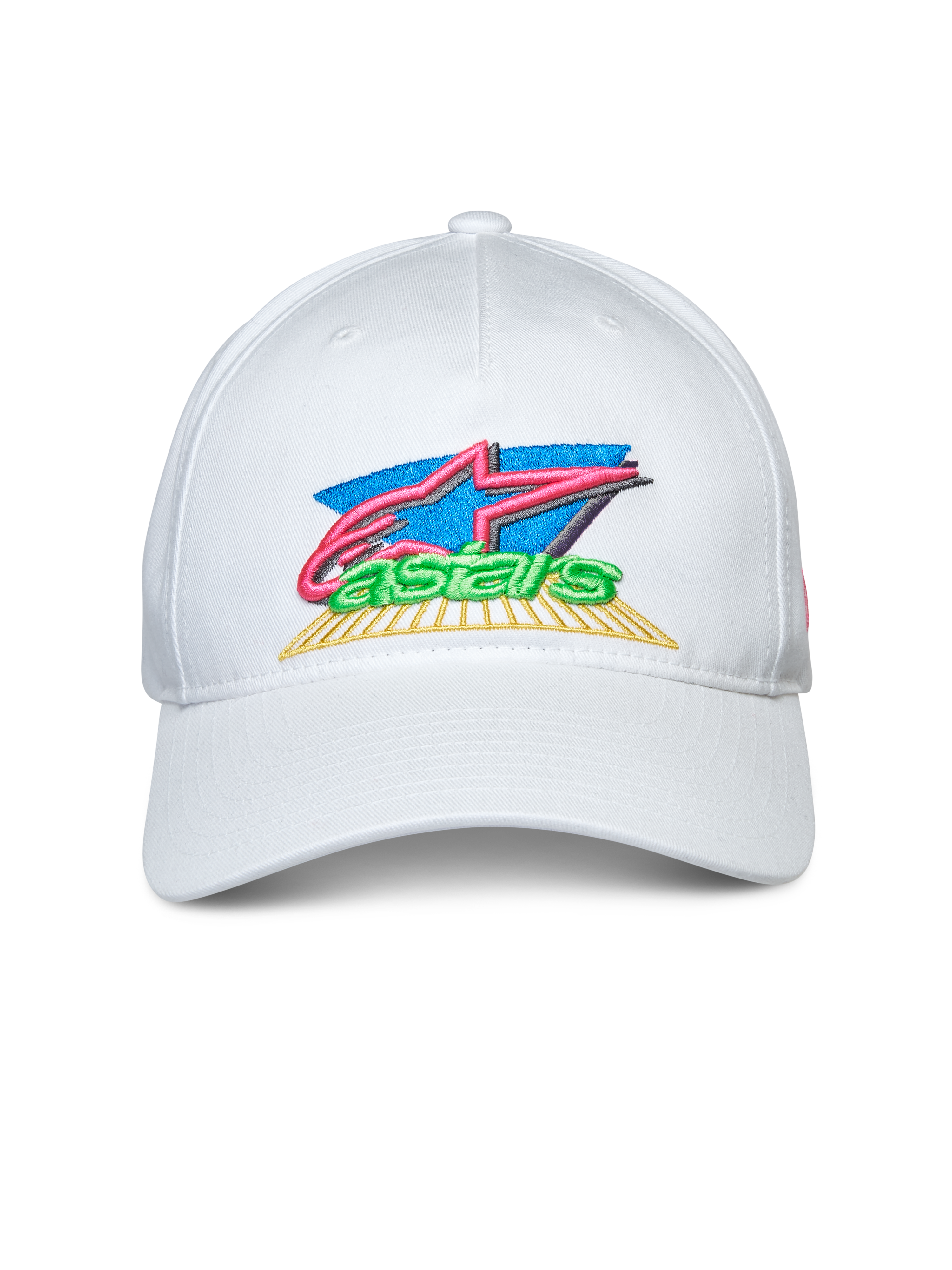 Alpinestars Vivid Hat, White, Curved Bill Snapback Cap, Colorful 3D and Flat Front Logo Embroidery, Casual Sportswear