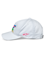 Alpinestars Vivid Hat, White, side view of a baseball cap, curved bill and semi-structured low crown, featuring colorful 3D embroidery on the front and a pink star logo on the side, casual sportswear headwear