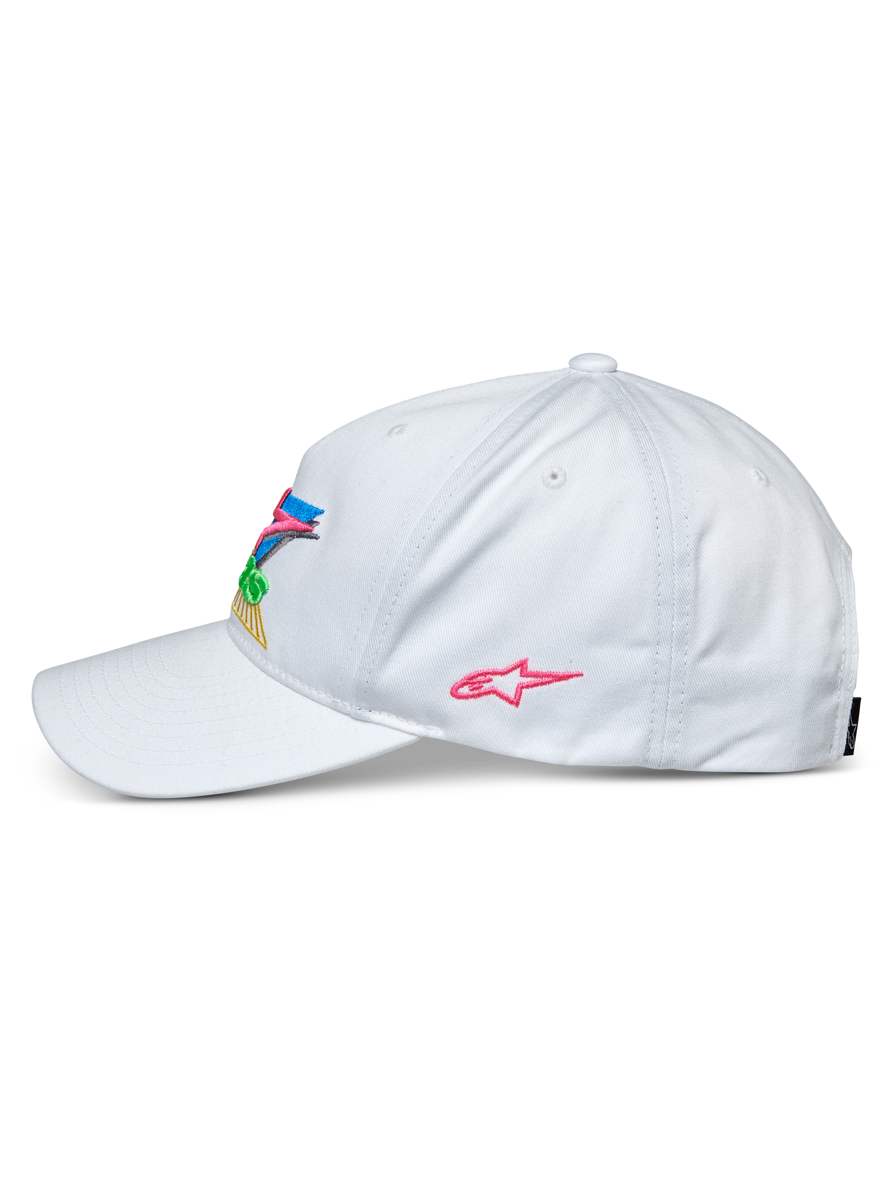 Alpinestars Vivid Hat, White, side view of a baseball cap, curved bill and semi-structured low crown, featuring colorful 3D embroidery on the front and a pink star logo on the side, casual sportswear headwear