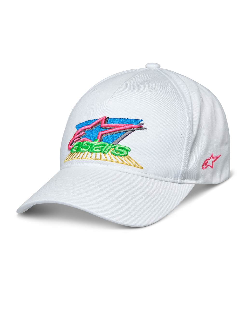 Alpinestars Vivid Hat, White Baseball Cap, 3D Embroidered Colorful Astars Logo with Pink, Blue, Green, and Yellow, Curved Bill, Semi-Structured Low Crown, Casual Sportswear