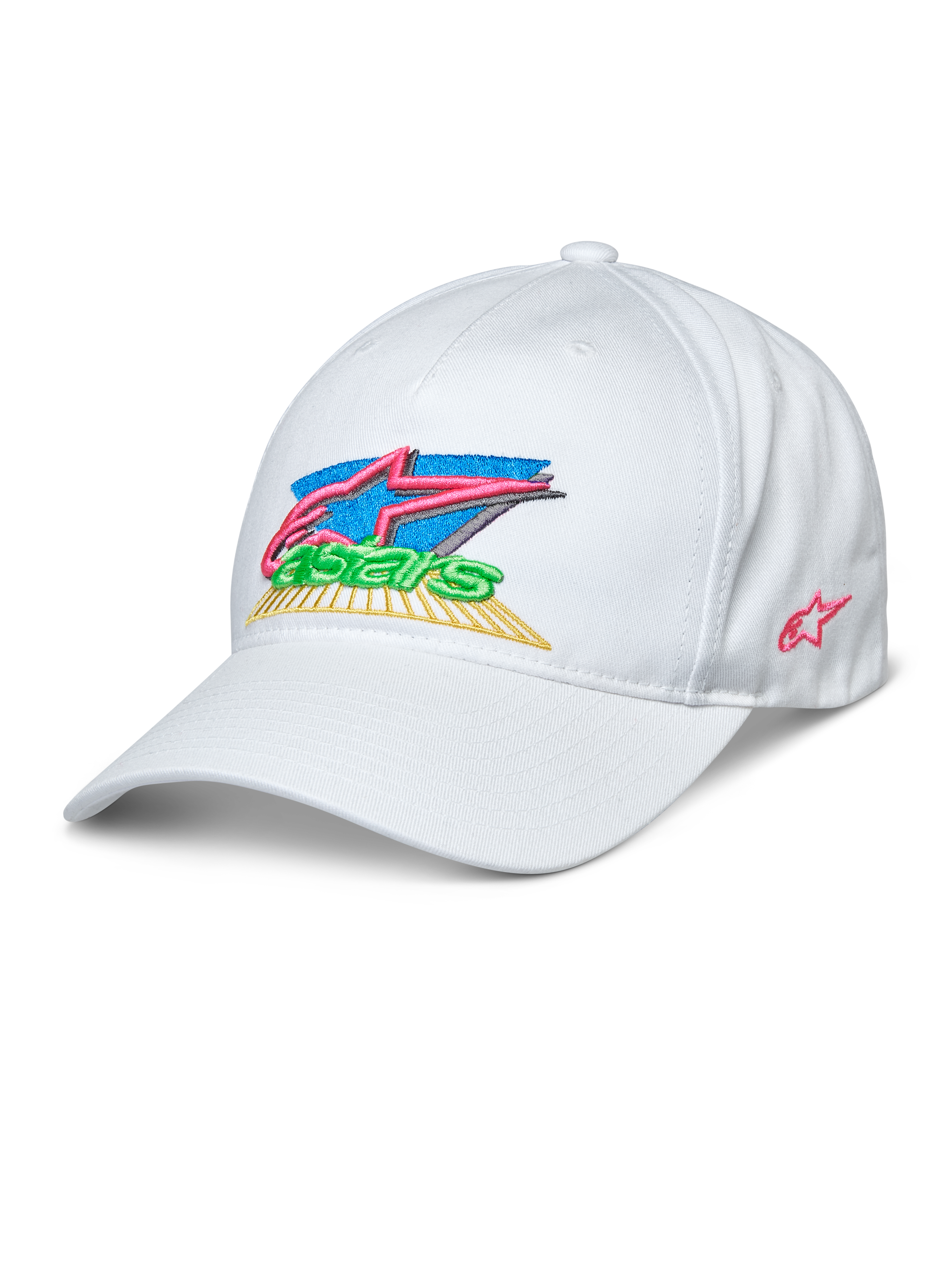 Alpinestars Vivid Hat, White Baseball Cap, 3D Embroidered Colorful Astars Logo with Pink, Blue, Green, and Yellow, Curved Bill, Semi-Structured Low Crown, Casual Sportswear
