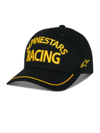 Alpinestars Luminary Hat, Black Baseball Cap, Yellow ALPINESTARS RACING 3D Embroidery, Curved Brim with Yellow Trim, Side Star Logo, Casual Motorsport Streetwear