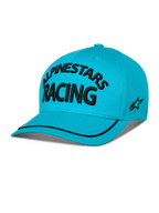 Alpinestars Luminary Hat, Curved Bill Snapback, Aqua Blue, featuring black 3D embroidered 'ALPINESTARS RACING' text, side flat embroidery logo, and black sutache trim on the bill, casual motorsport-inspired headwear.