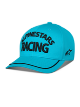 Alpinestars Luminary Hat, Curved Bill Snapback, Aqua Blue, featuring black 3D embroidered 'ALPINESTARS RACING' text, side flat embroidery logo, and black sutache trim on the bill, casual motorsport-inspired headwear.