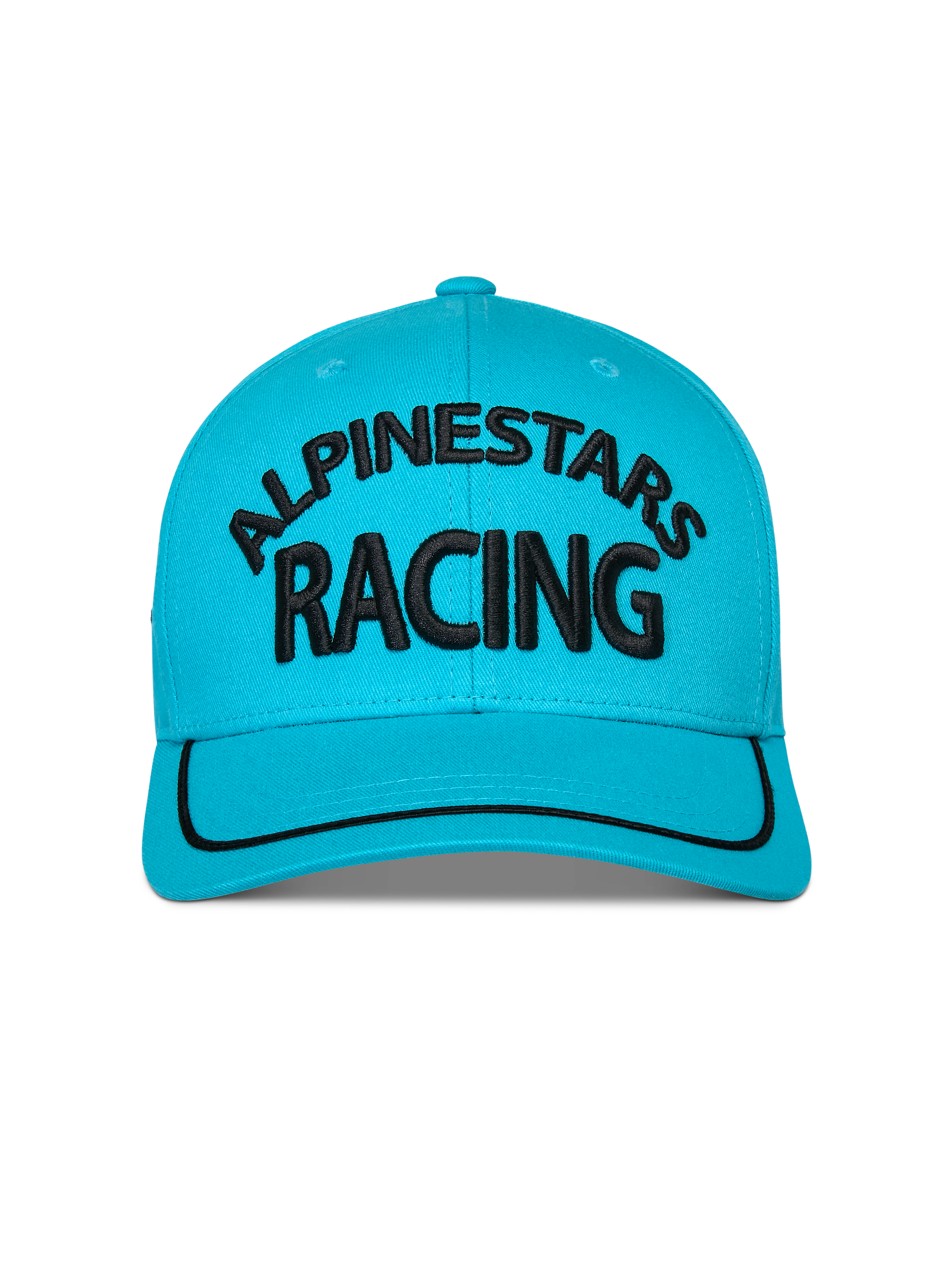 Alpinestars Luminary Hat, Aqua Blue, front view of curved bill snapback hat, black 3D embroidered Alpinestars Racing logo, black sutache trim on the brim, structured crown, casual sportswear
