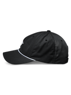 Alpinestars Tyler Hat, black snapback baseball cap, side profile view, featuring a curved bill and white braided rope trim, unstructured low crown, made from recycled twill, casual motorsport-inspired design