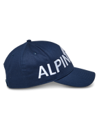 Alpinestars Committed Hat, Snapback Baseball Cap, Navy Blue, Side view featuring large white embroidered branding, structured crown with curved bill, durable twill fabric, casual motorsport headwear