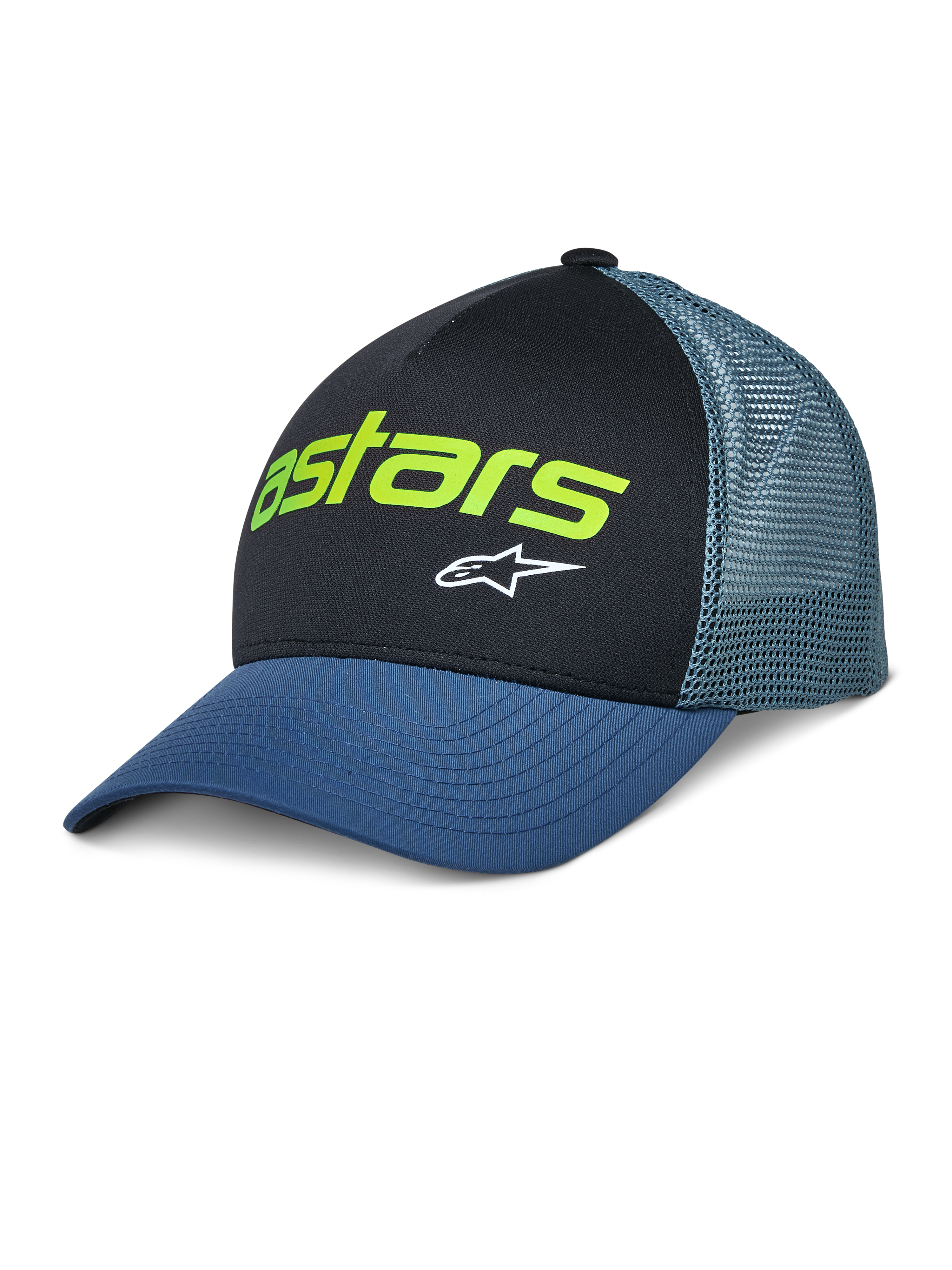 Alpinestars Vital Trucker Hat, Casual Trucker Cap, Black and Blue, Lime Green Astars Logo and White Star, Structured Crown, Curved Brim, Ventilated Mesh Back