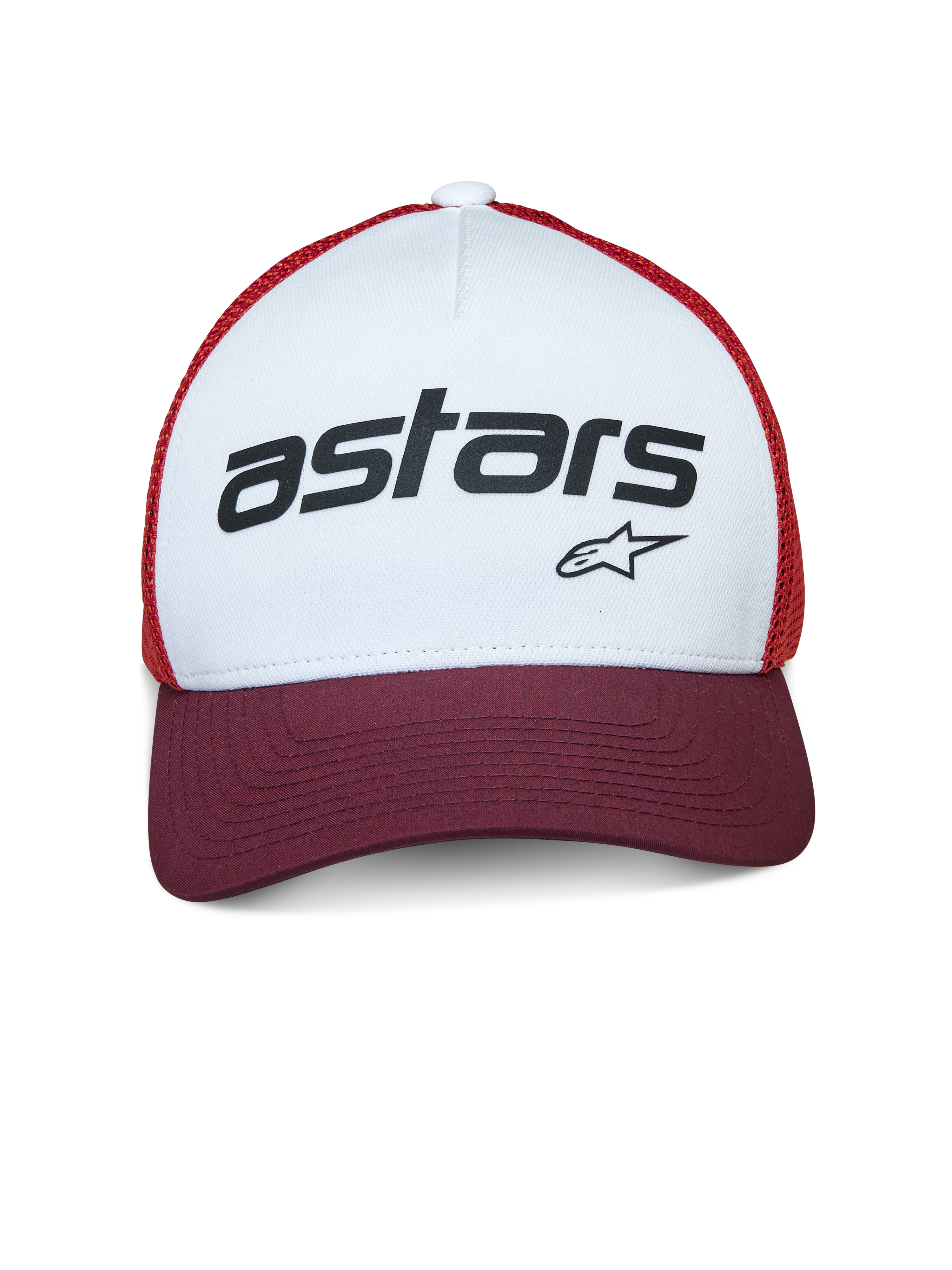 Alpinestars Vital Trucker Hat, Trucker Cap, White Maroon and Orange, featuring a white front panel with black 'astars' branding, maroon curved bill, and orange mesh, casual motorsport-inspired headwear