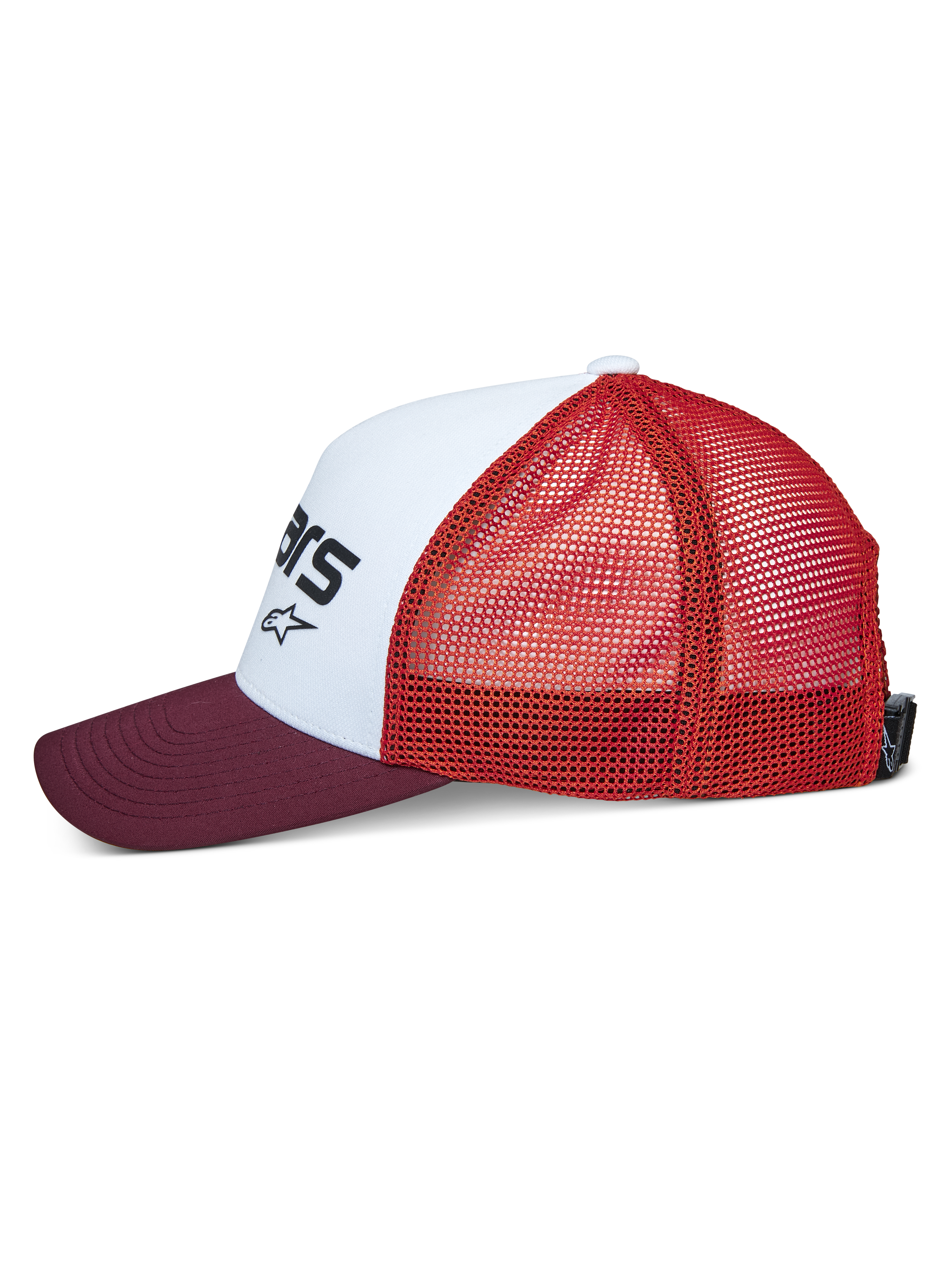 Alpinestars Vital Trucker Hat, side view, white structured front panel with black logo, maroon curved bill, orange mesh back, casual sportswear headwear