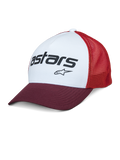 Alpinestars Vital Trucker Hat, white front panel with maroon curved bill and red mesh back, black Astars text logo, casual structured trucker cap with curved brim