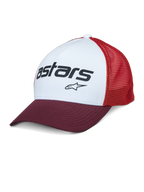 Alpinestars Vital Trucker Hat, white front panel with maroon curved bill and red mesh back, black Astars text logo, casual structured trucker cap with curved brim
