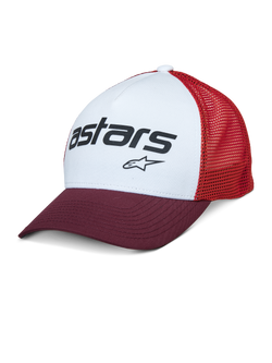 Alpinestars Vital Trucker Hat, weißes Vorderteil mit bordeauxrotem gebogenem Schirm und roter Mesh-Rückseite, schwarzes Astars-Textlogo, lässige strukturierte Trucker-Kappe mit gebogenem Schirm