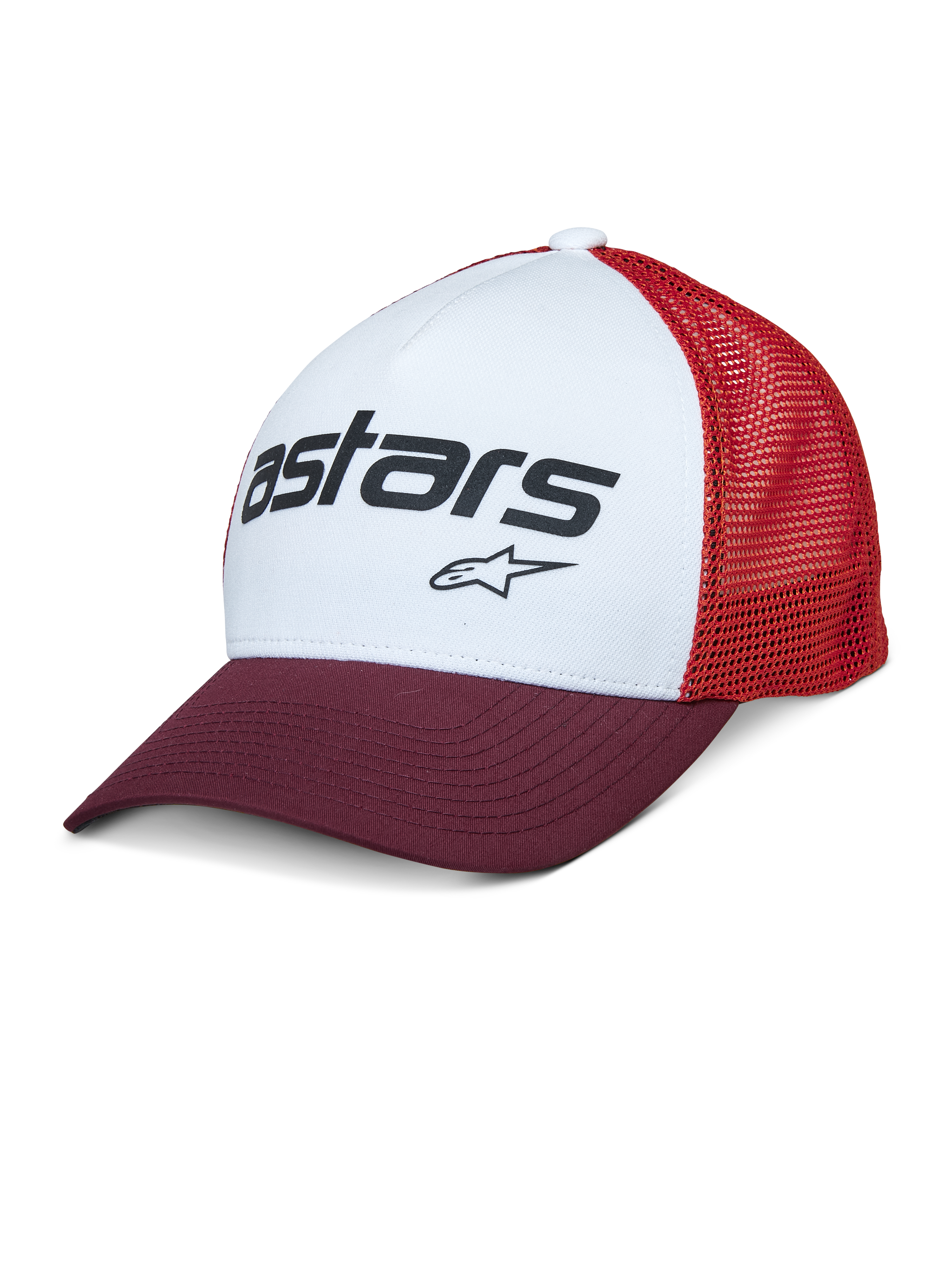 Alpinestars Vital Trucker Hat, white front panel with maroon curved bill and red mesh back, black Astars text logo, casual structured trucker cap with curved brim