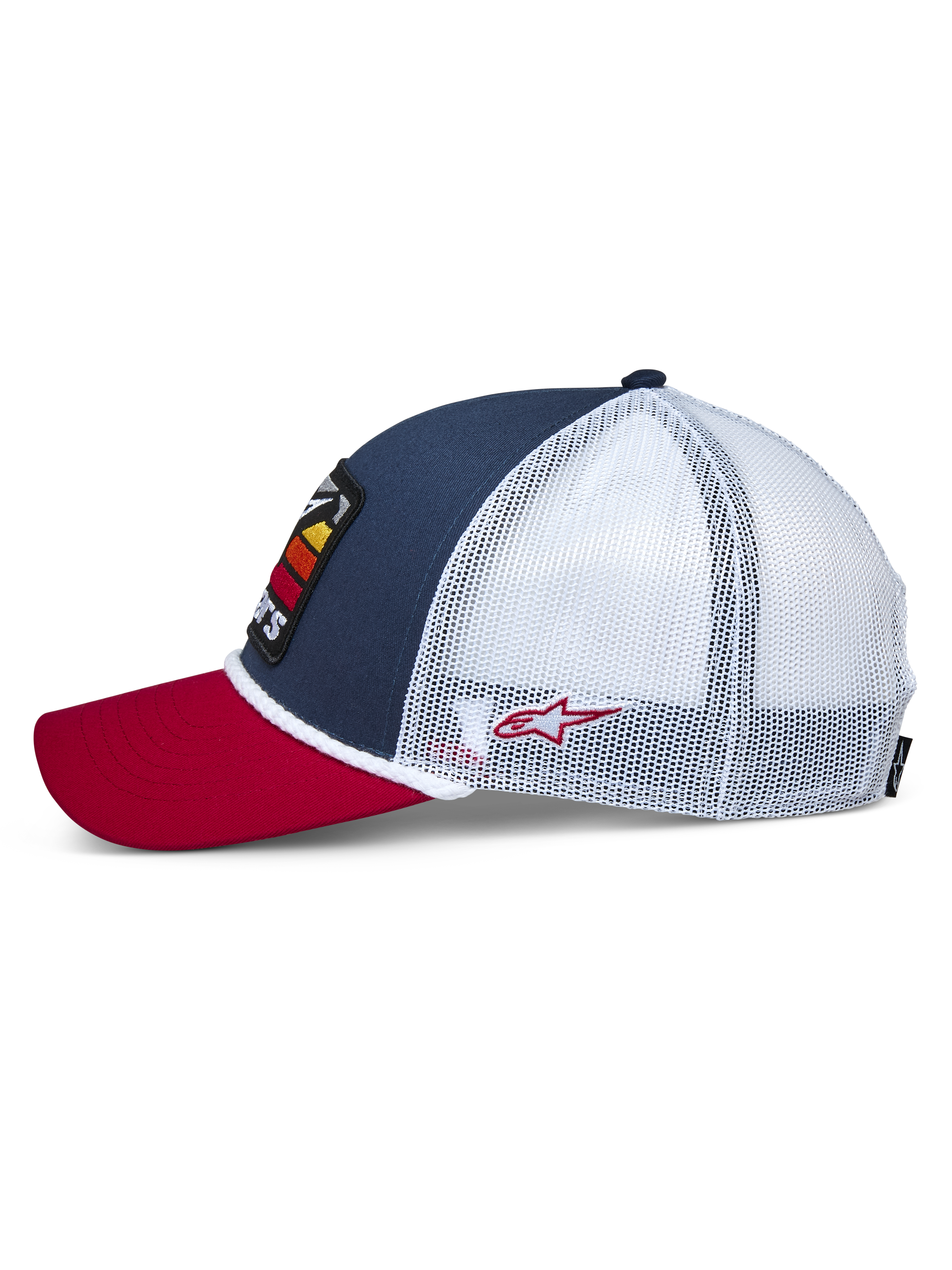 Alpinestars Selica Trucker Hat, Side View, Red Curved Bill, Navy Front Panel with White Mesh Back, White Braided Rope Trim, Small Red Embroidered Logo, Casual Motorsport-Inspired Headwear
