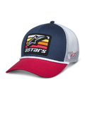 Alpinestars Selica Trucker Hat, Navy Blue and Red Snapback Cap with White mesh back, front embroidered patch featuring the star logo and colorful stripes, white braided rope trim, casual motorsport-inspired streetwear