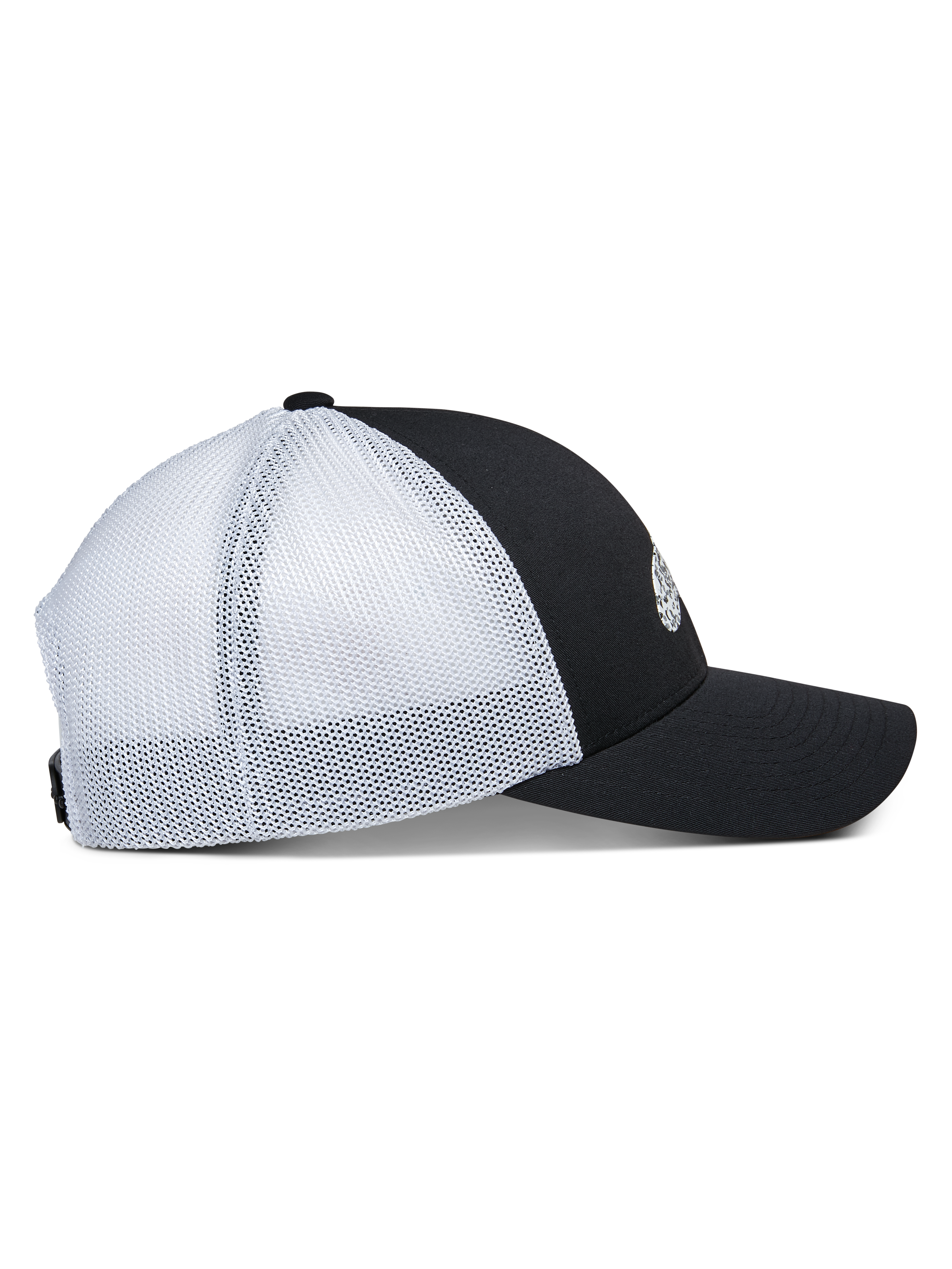 Alpinestars Terolithic Trucker Hat, side view, black front panel with curved bill, white mesh back panels, structured low crown, classic trucker style headwear