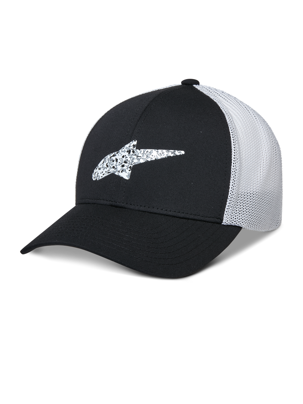 Alpinestars Terolithic Trucker Hat, Black and White, curved brim baseball cap with patterned TPU star logo, white breathable mesh back panel, structured low crown design