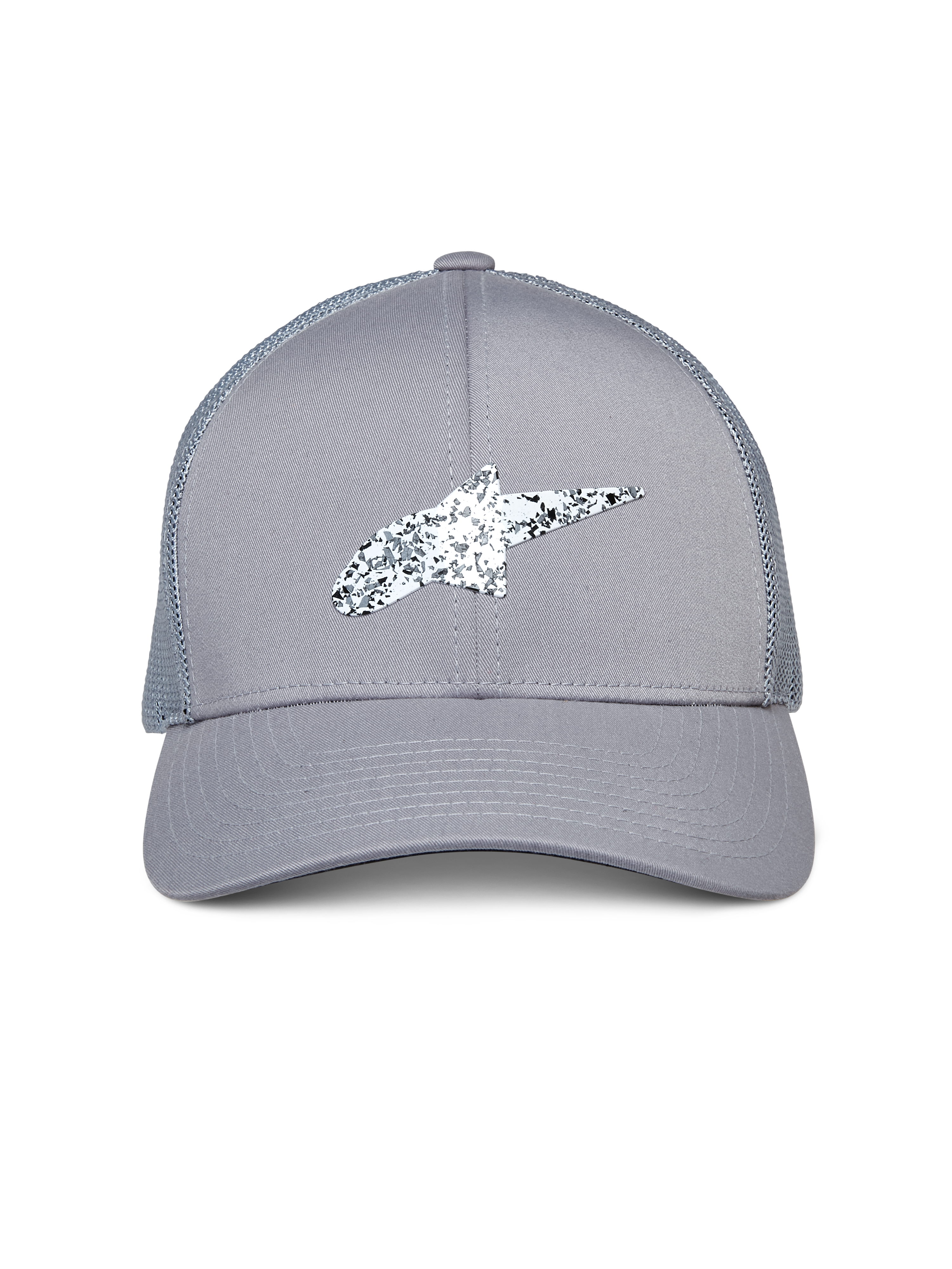 Alpinestars Terolithic Trucker Hat, Gray, featuring a speckled black and white Astar logo, curved bill and mesh back, casual motorsport-inspired headwear